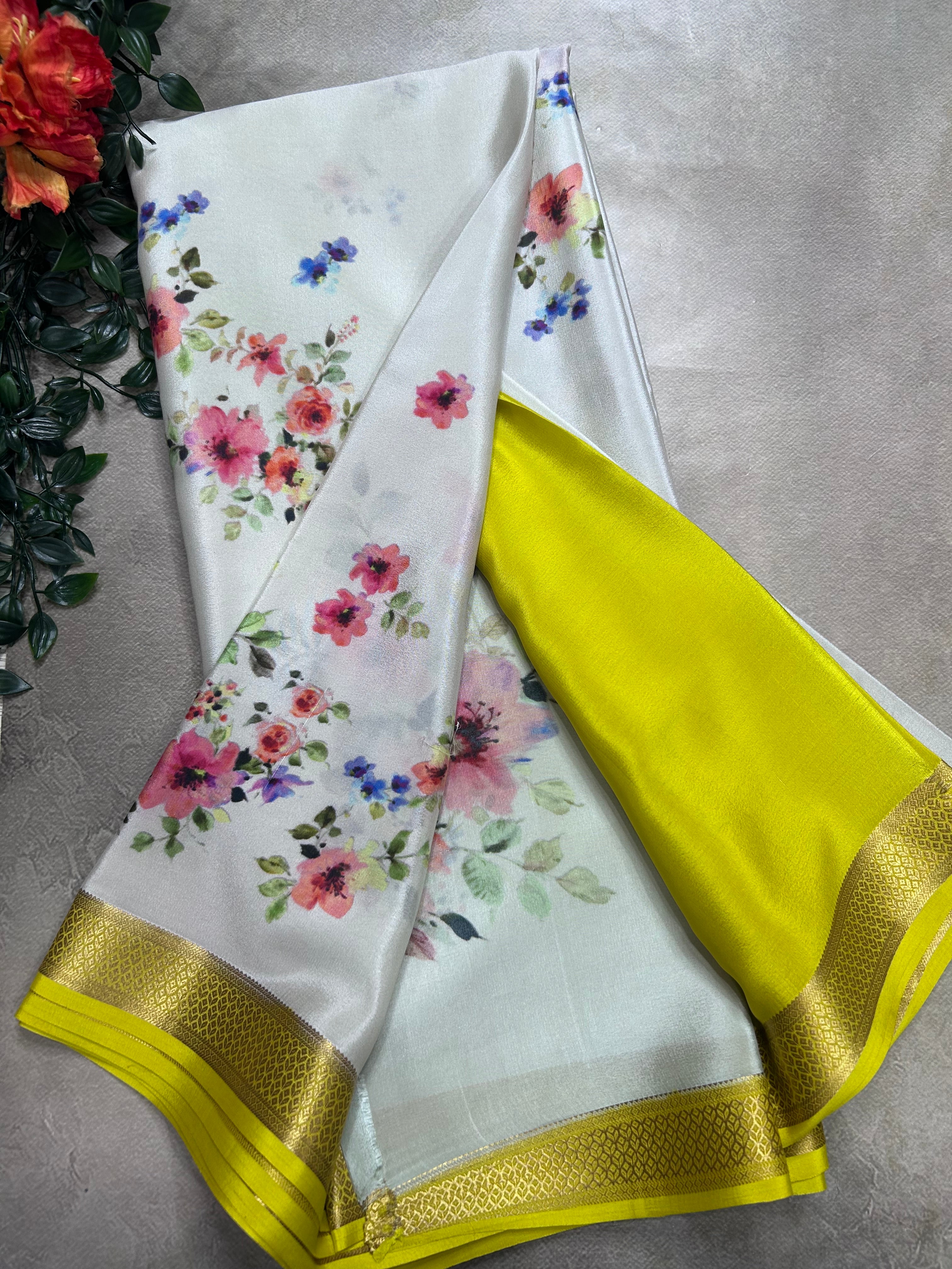 Light grey digital print pure mysore silk saree(DMS106)