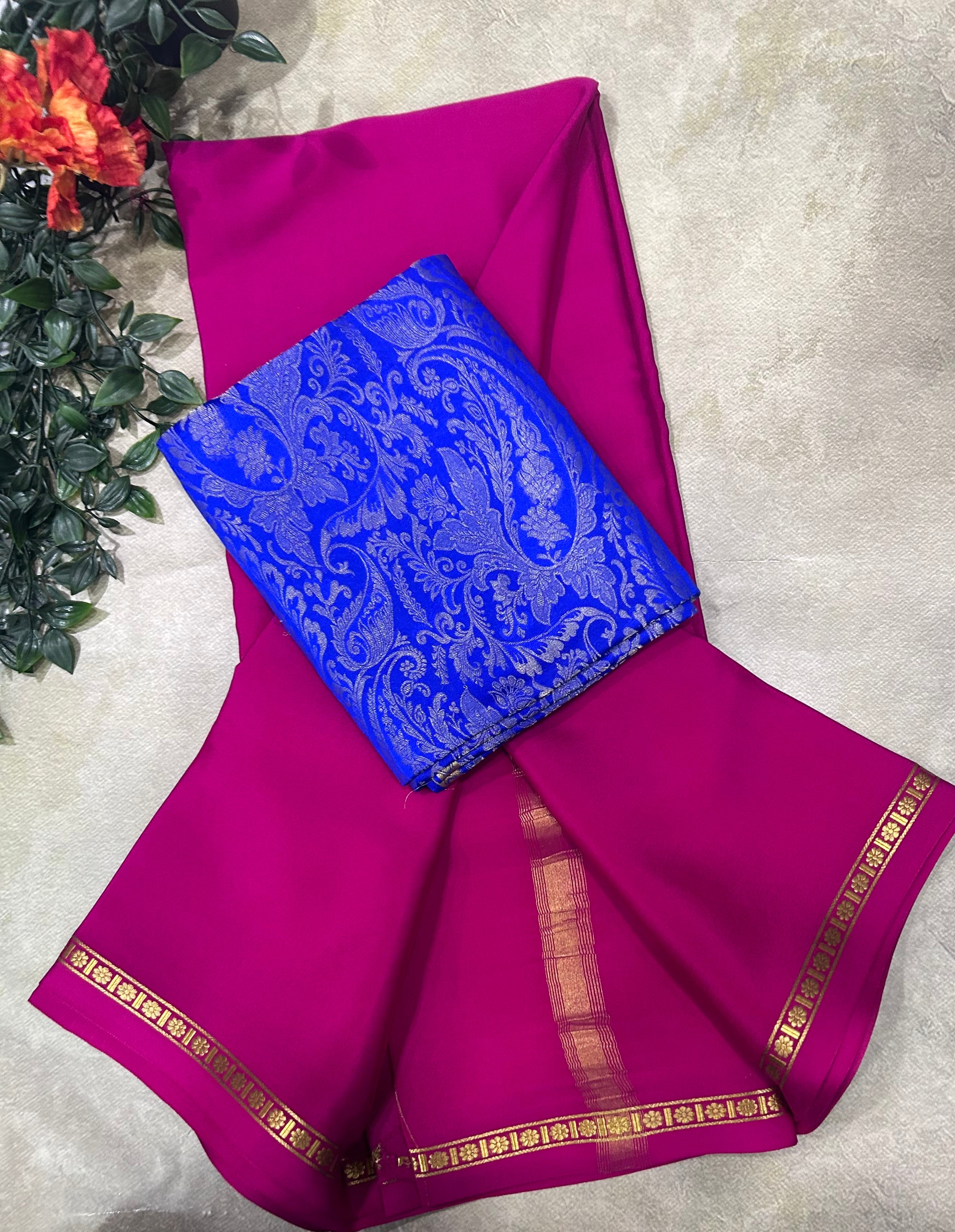 Rani pink plain pure mysore crepe silk saree with Mysore brocade blouse piece(MSM106)