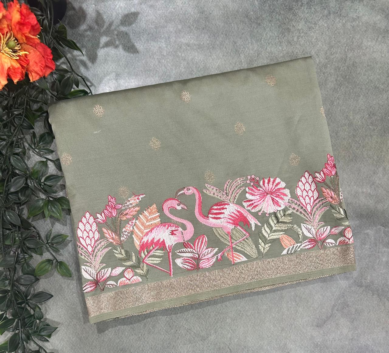 Pastel grey soft Tussar 03 embroidery saree