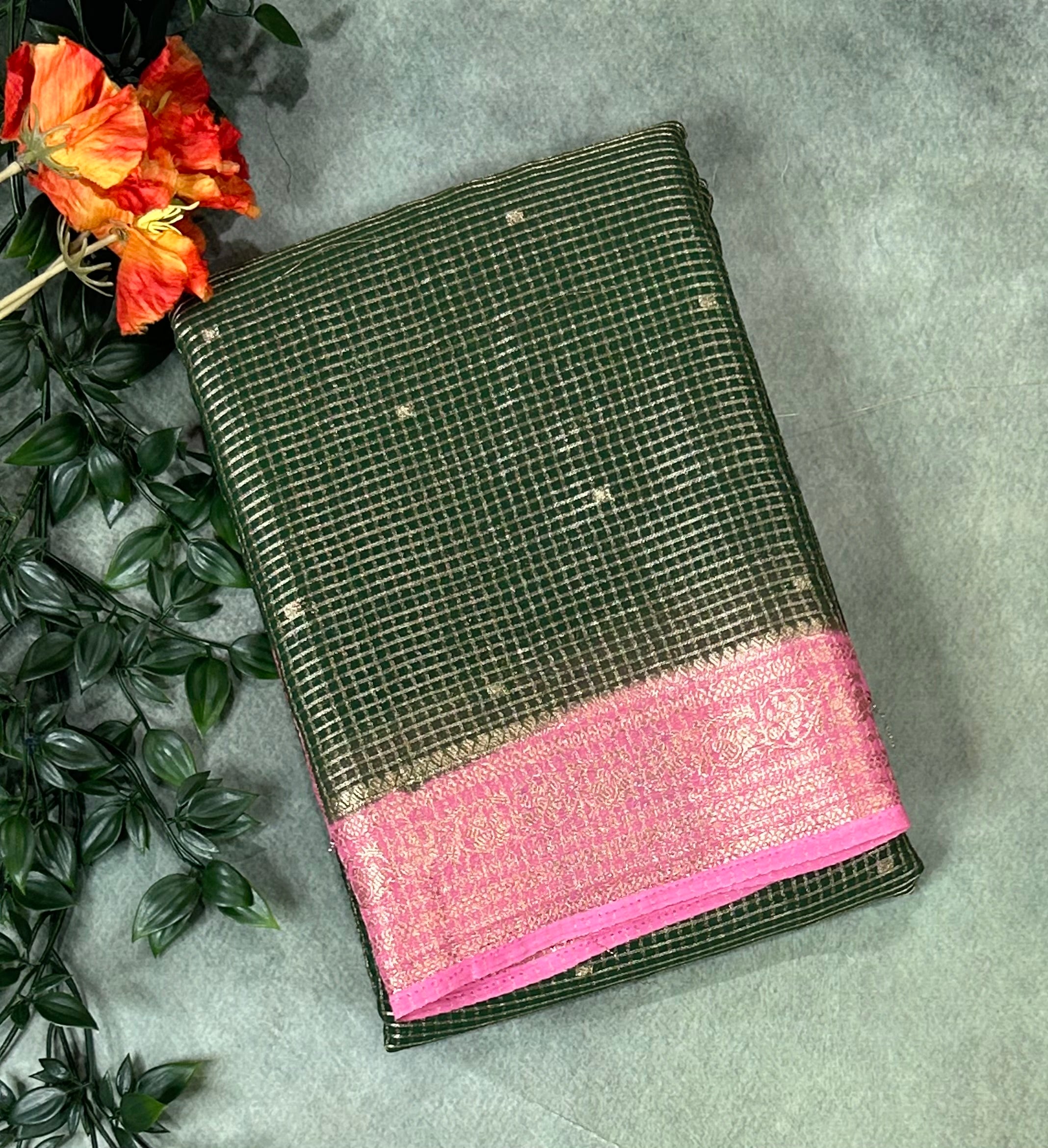 Green small checks semi mysore crepe-12 saree