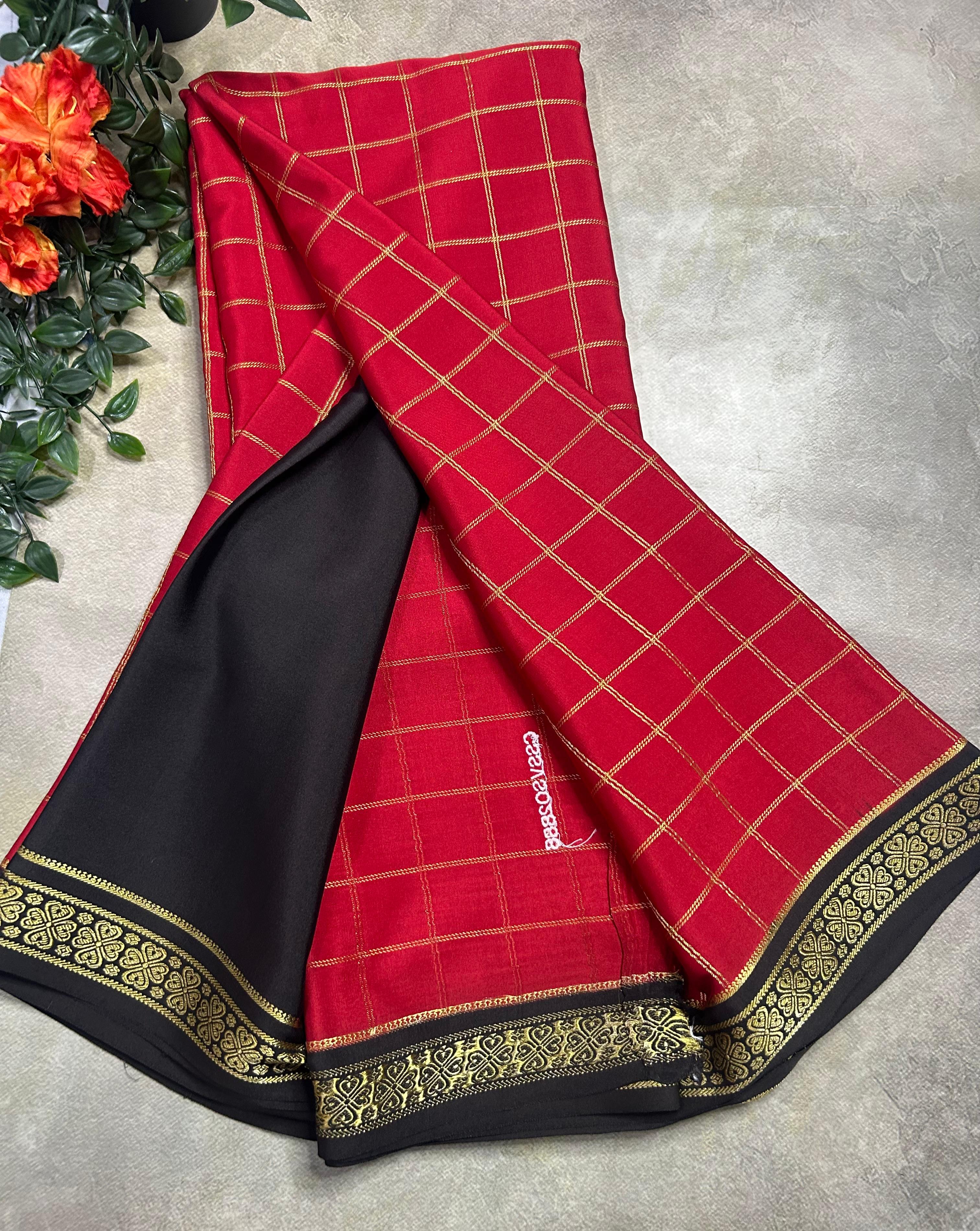Red checks pure css zari Mysore silk 105 saree