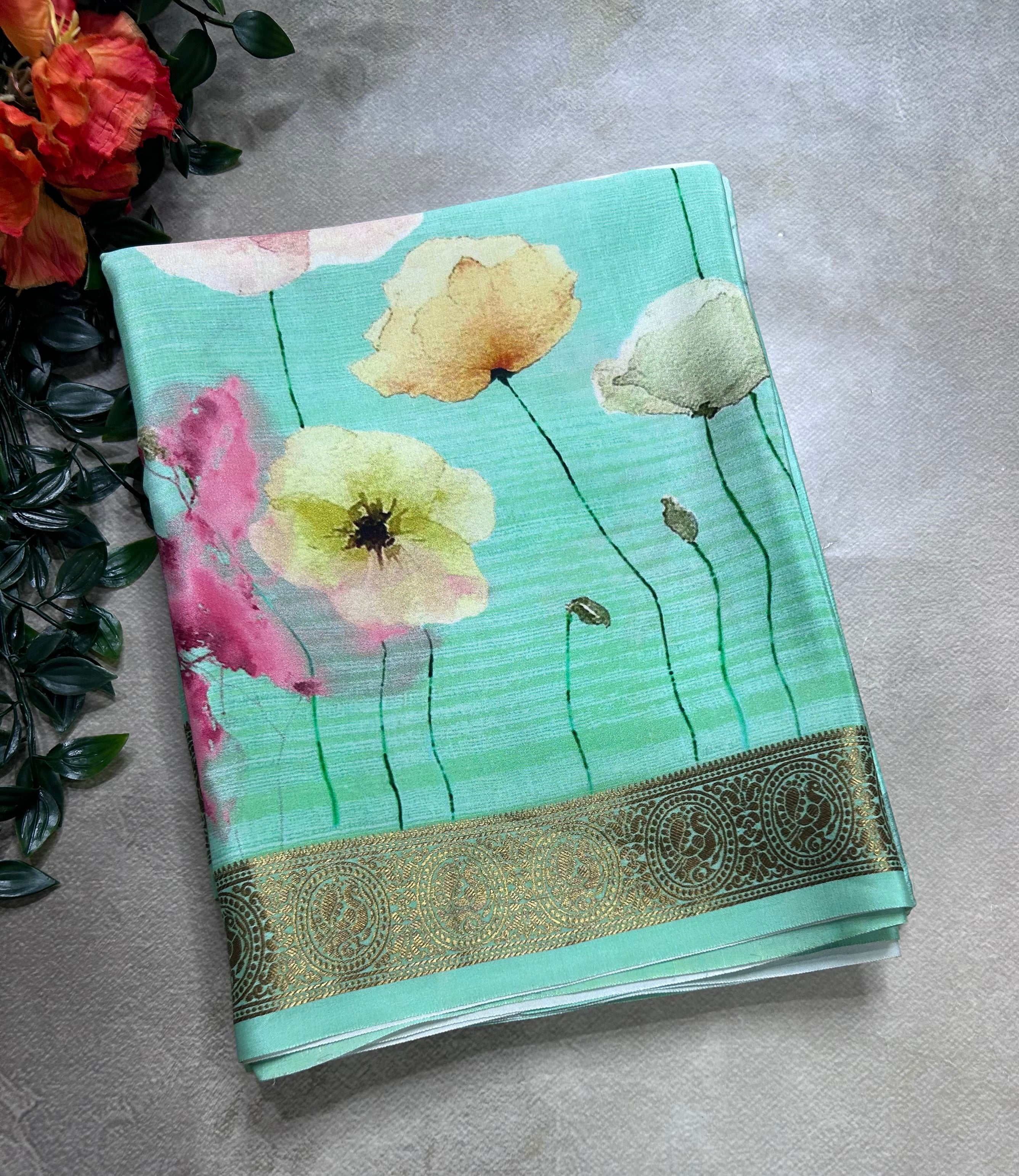 Sea green digital print pure mysore silk saree(DMS106)