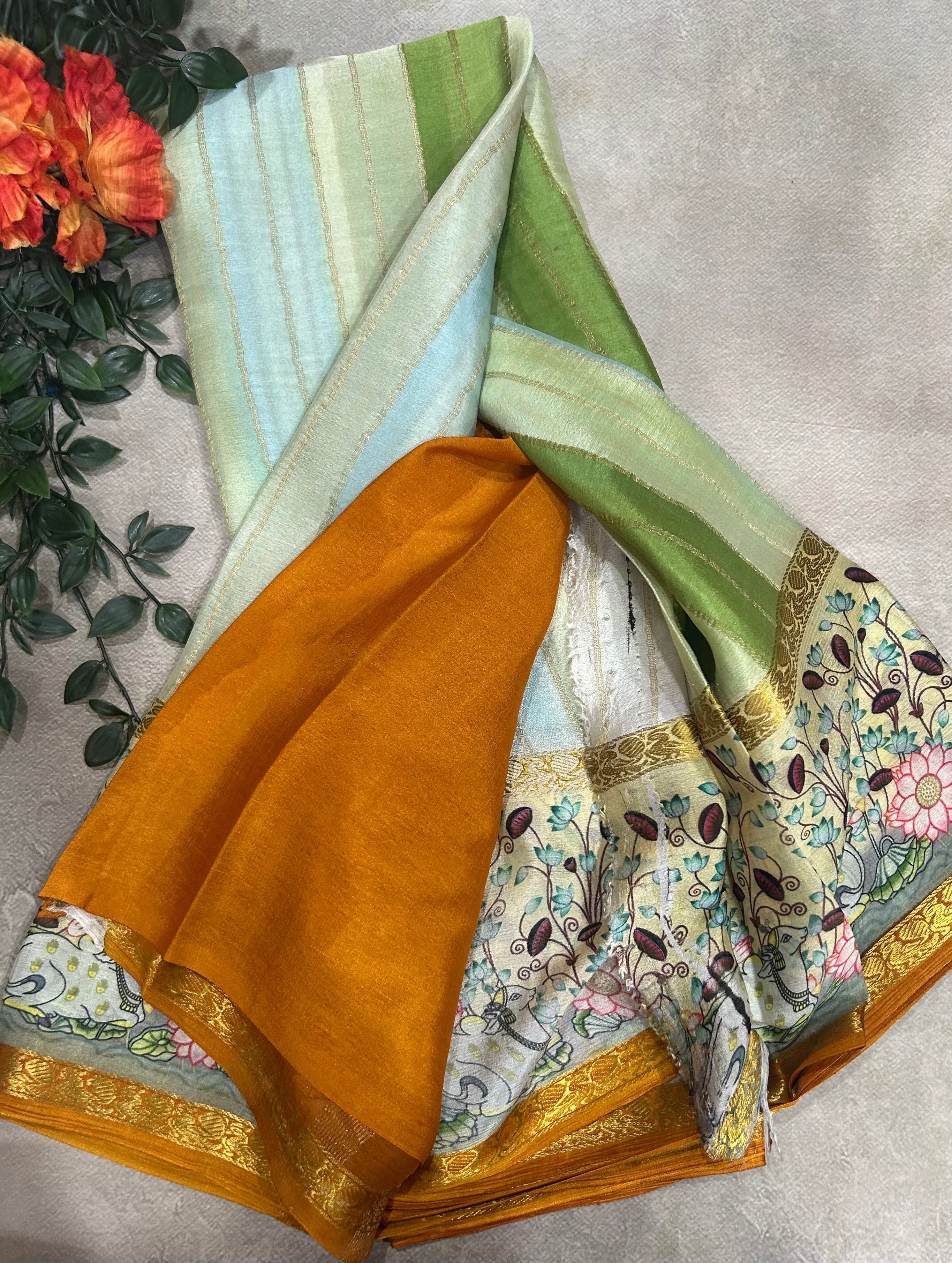 Rankart kalamkari border pure wrinkle 103 crepe silk saree