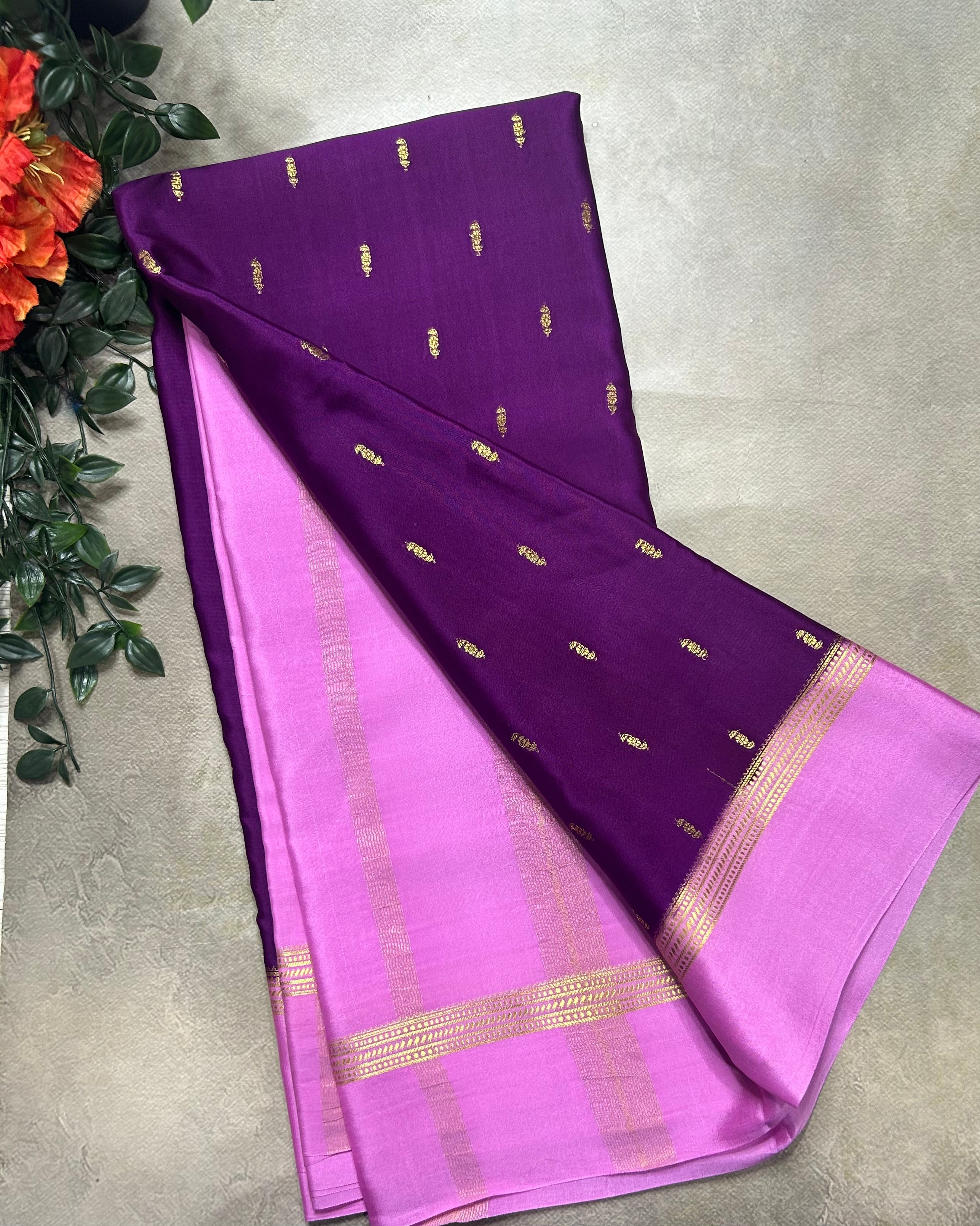 Purple contrast border pure Mysore silk 105 saree