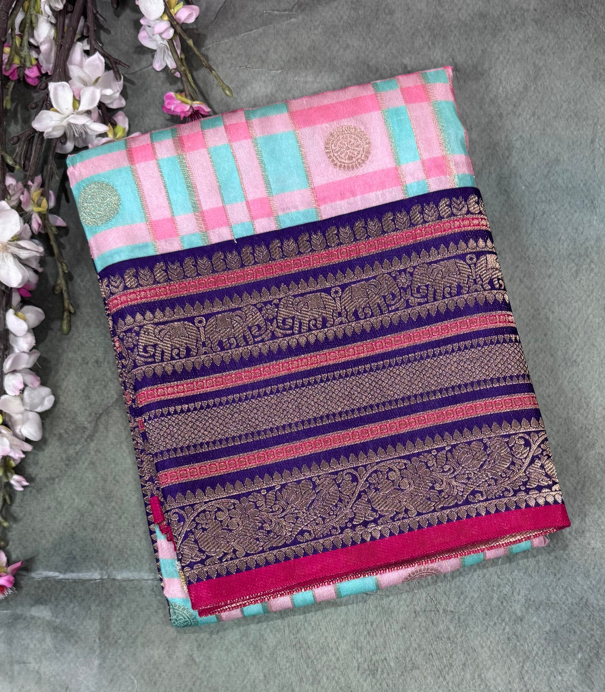 Pastel Pink Checks Semi Crepe Saree 110