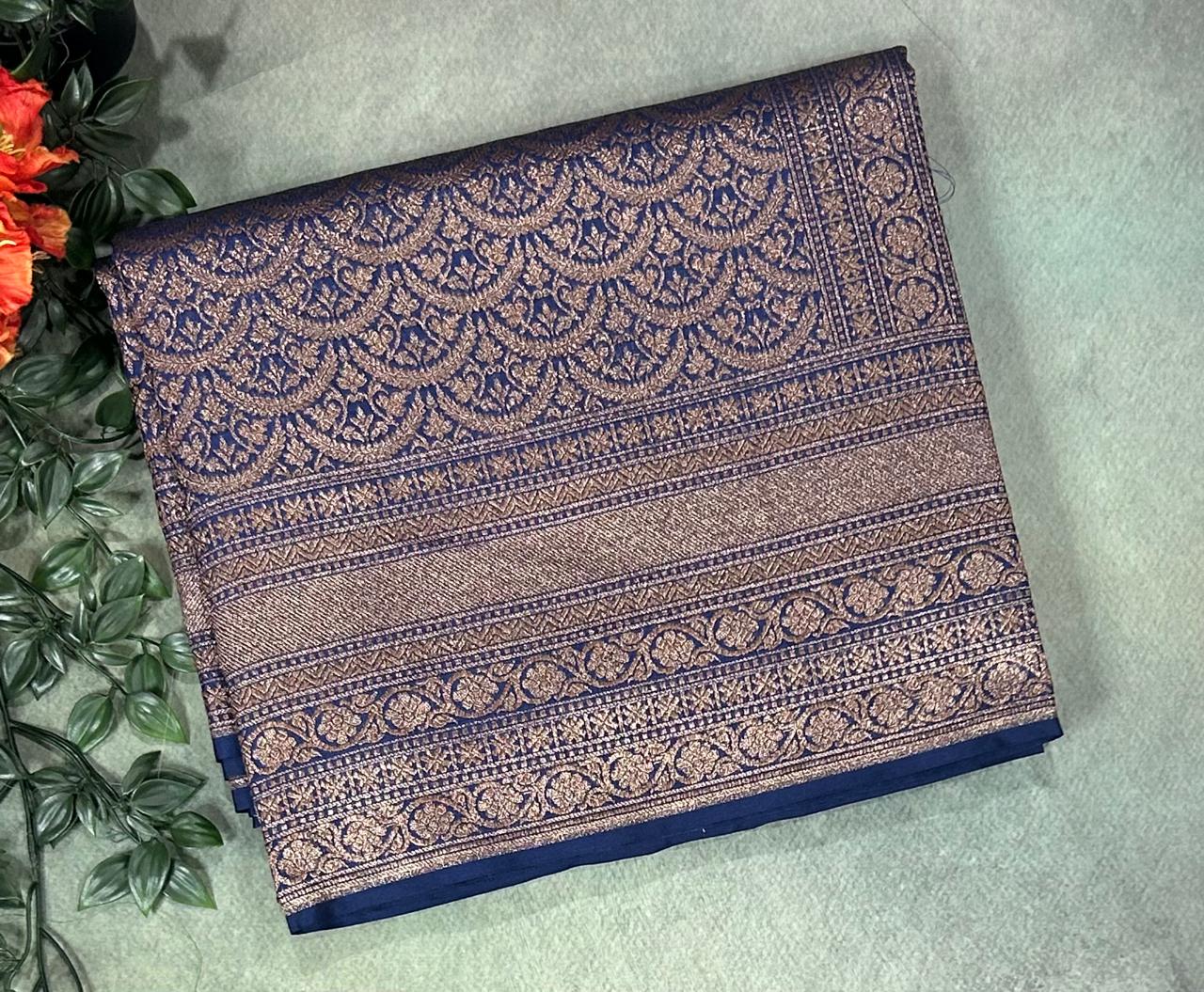 Navy blue brocade semi Benarasi saree(Rashmika Mandanna Brocade saree)