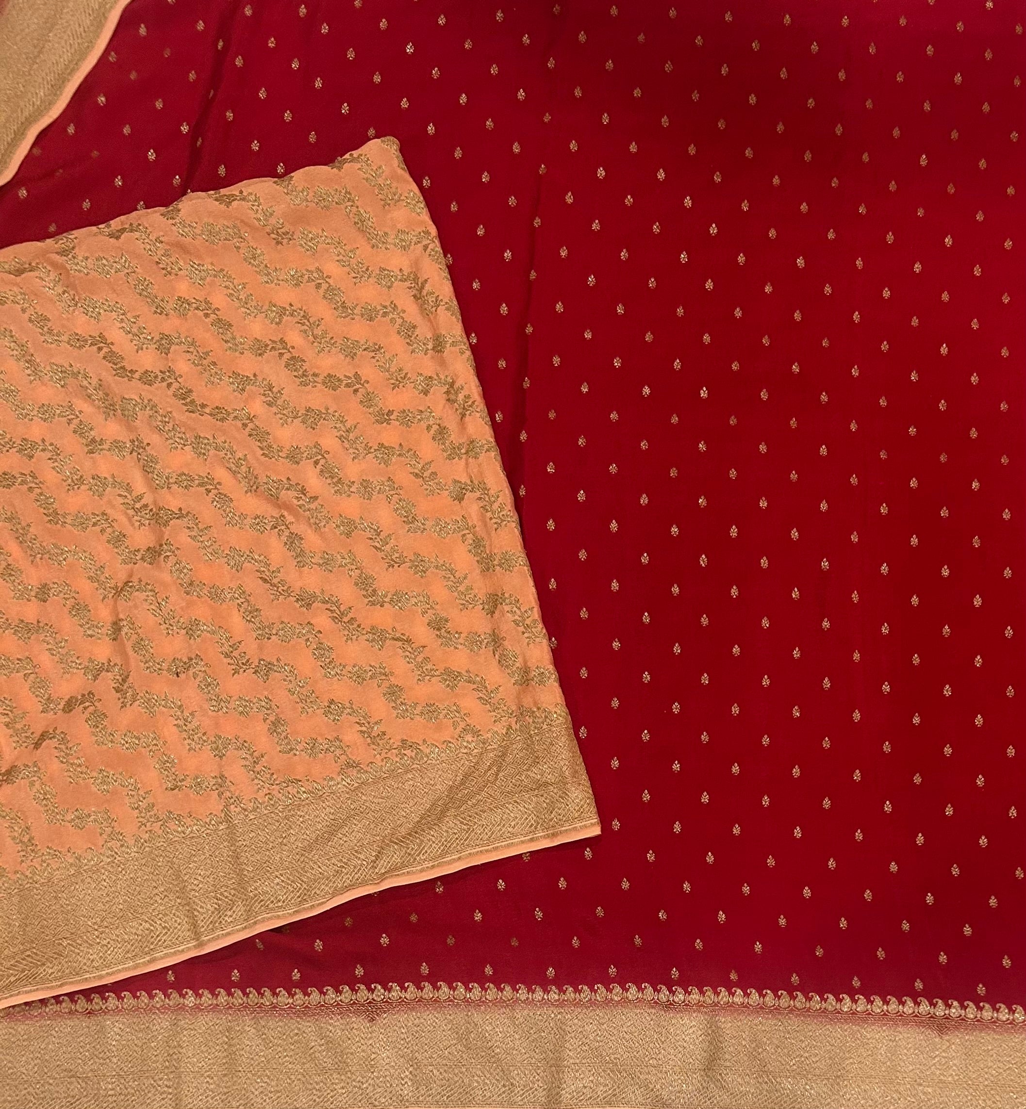 Red n peach small Butta pure Benarasi crepe 104 saree