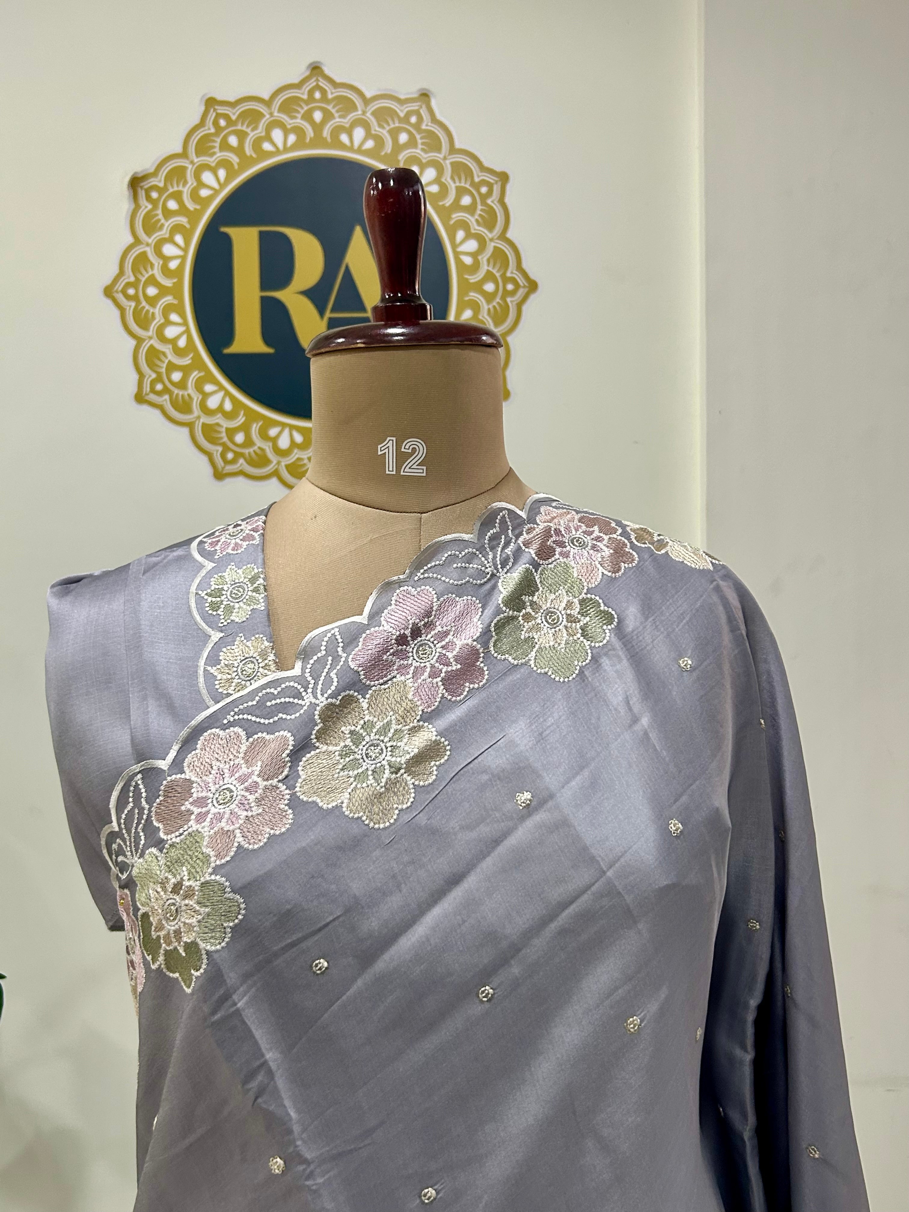 Light grey tussar embrodiery-12 work saree