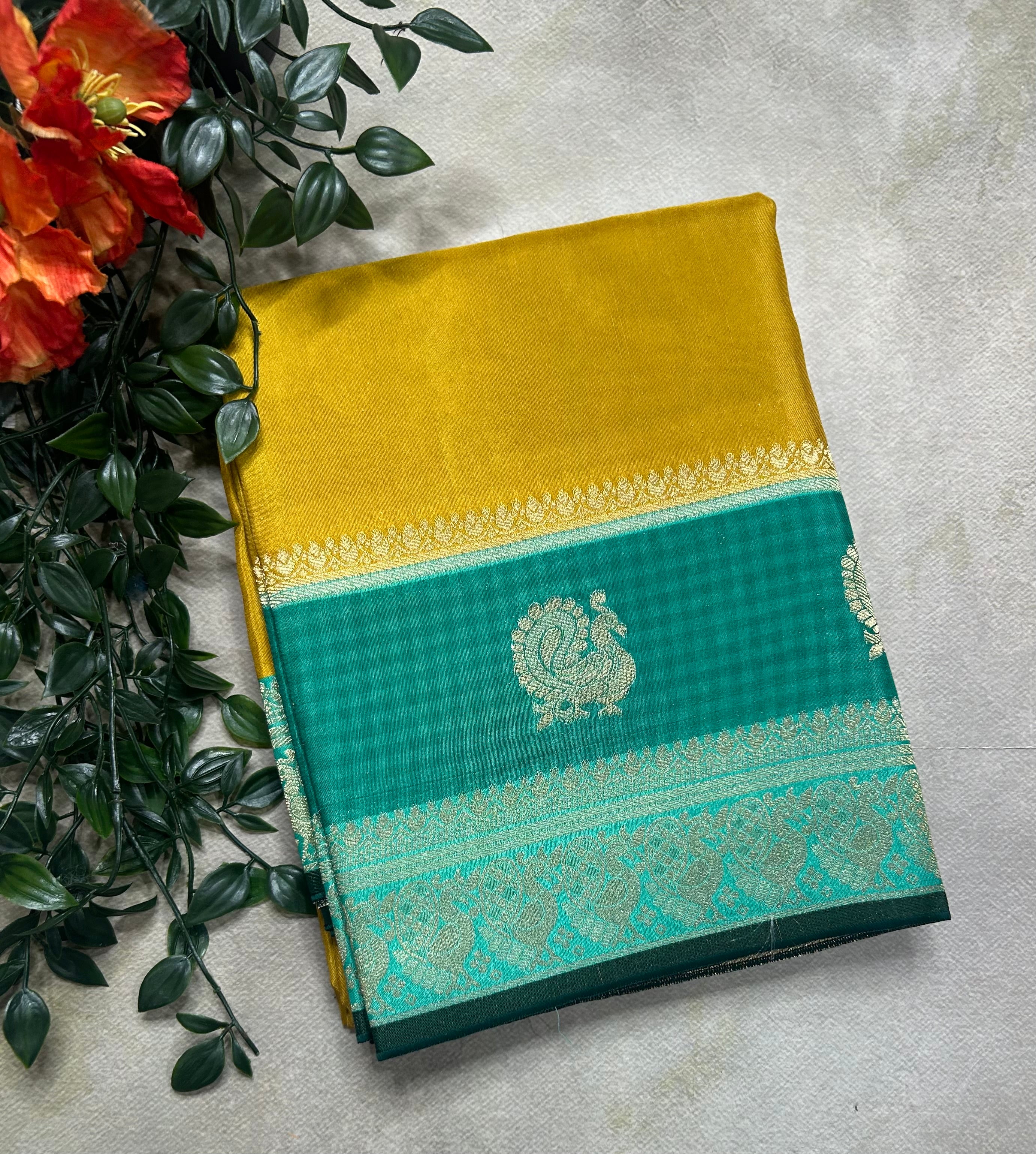 Mustard yellow border Butta semi Mysore crepe saree