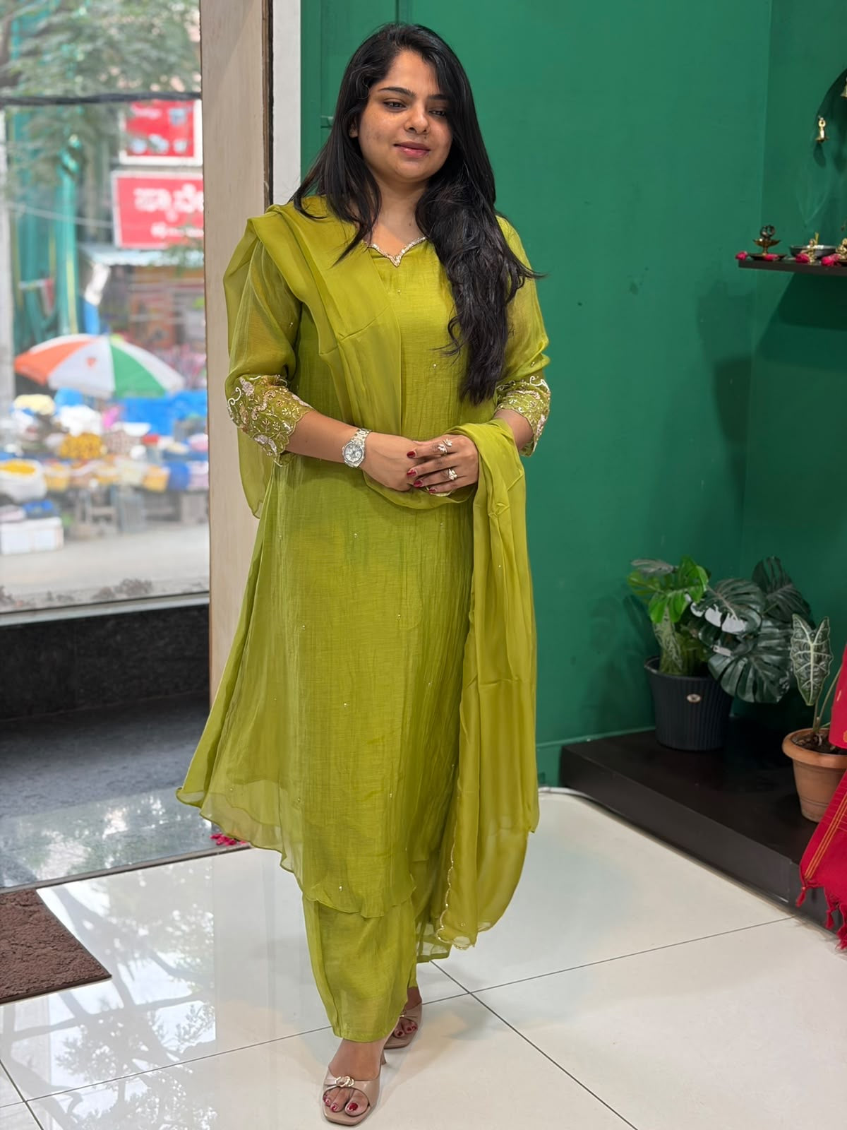 Parrot Green Chanderi Hand Embroidery Airline Kurtha 514