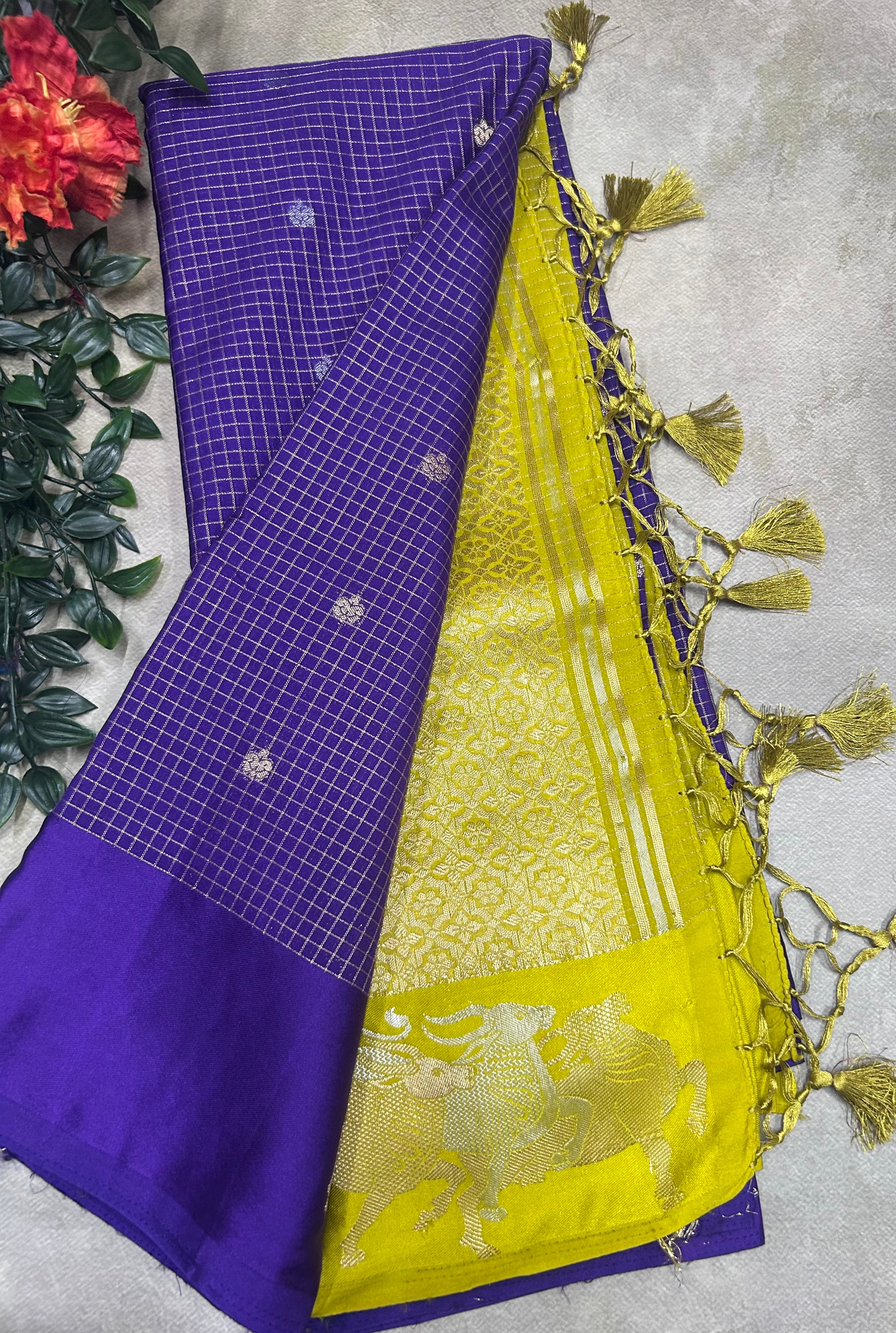 Purple small checks semi Mysore crepe saree(SMC106)