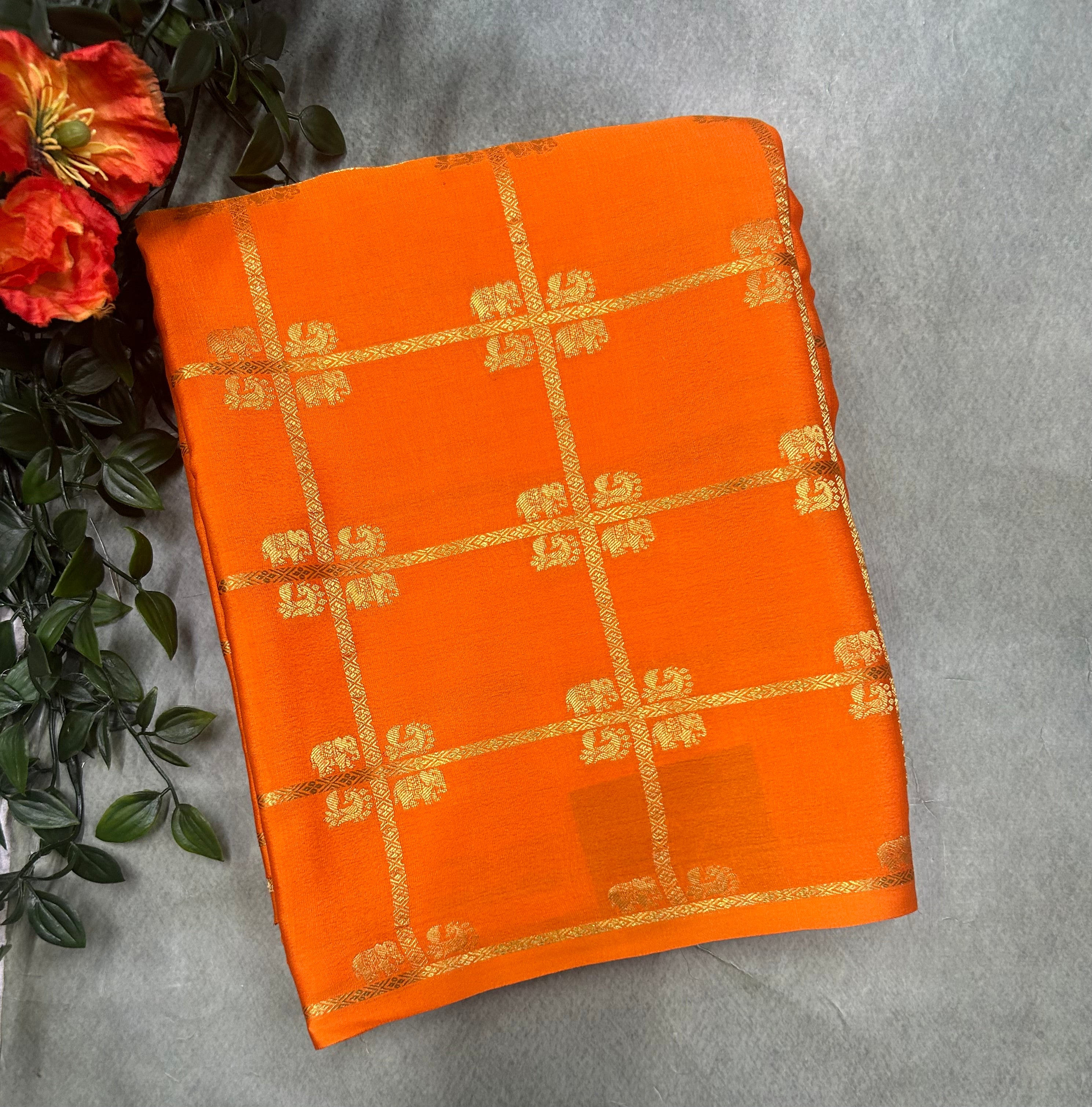 Orange contrast ST checks borderless pure mysore silk-105 saree