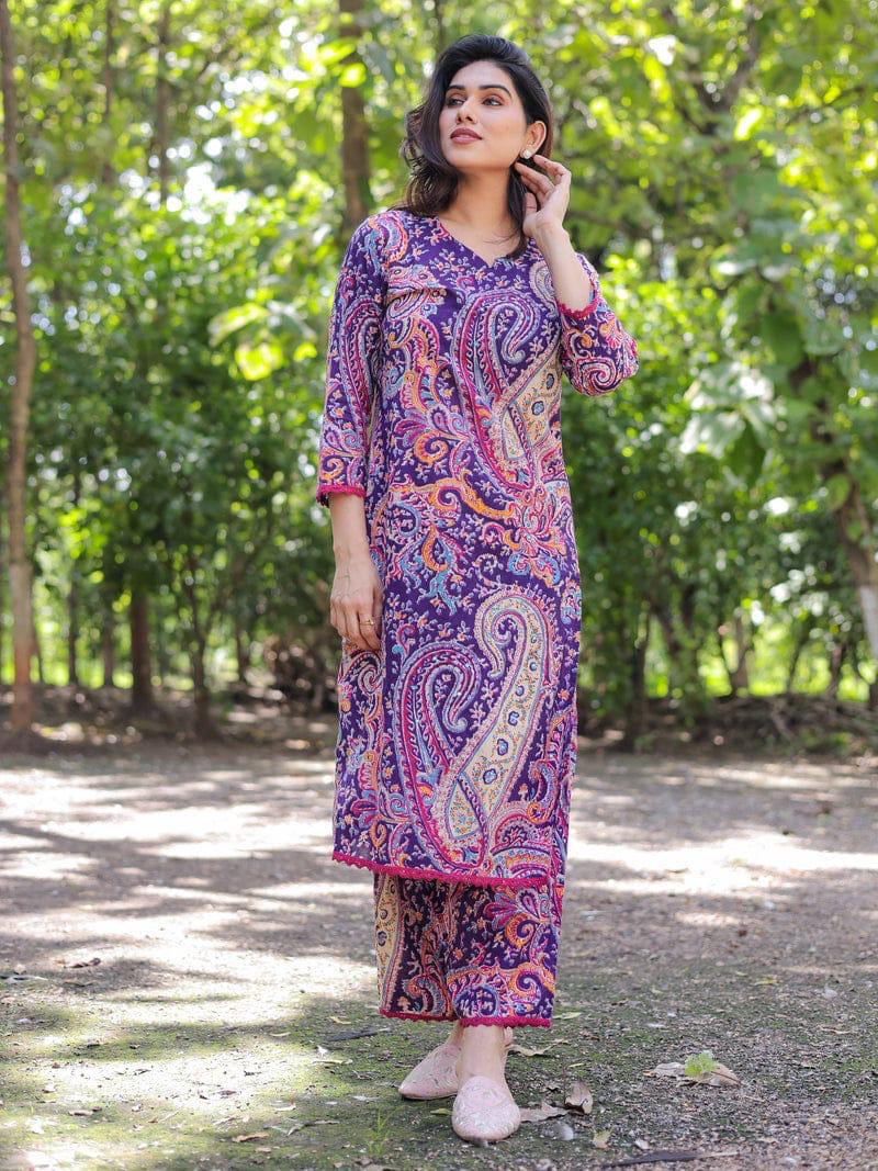 “KALI" Purple Kalamkari Mul Cotton Cord Set Kurtha