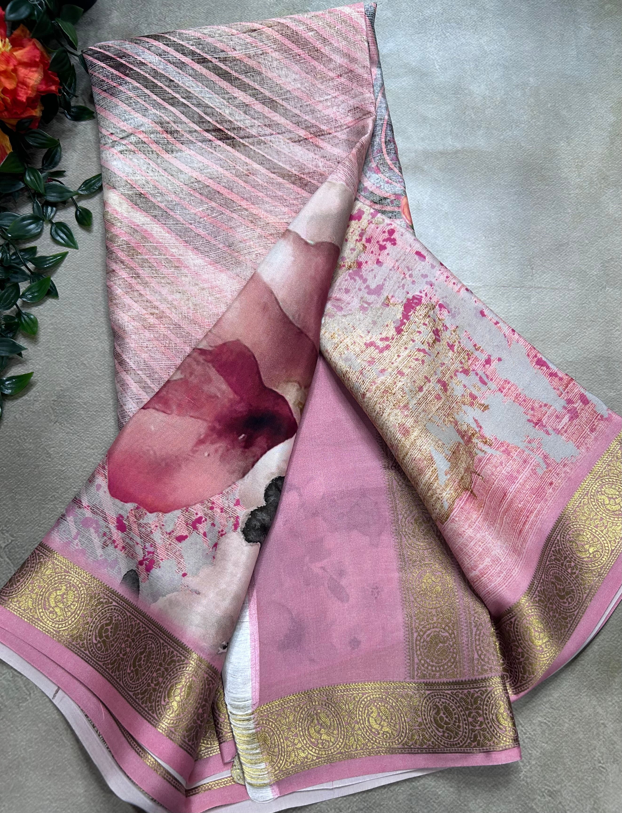 Pink digital print pure mysore silk saree(DMS106)