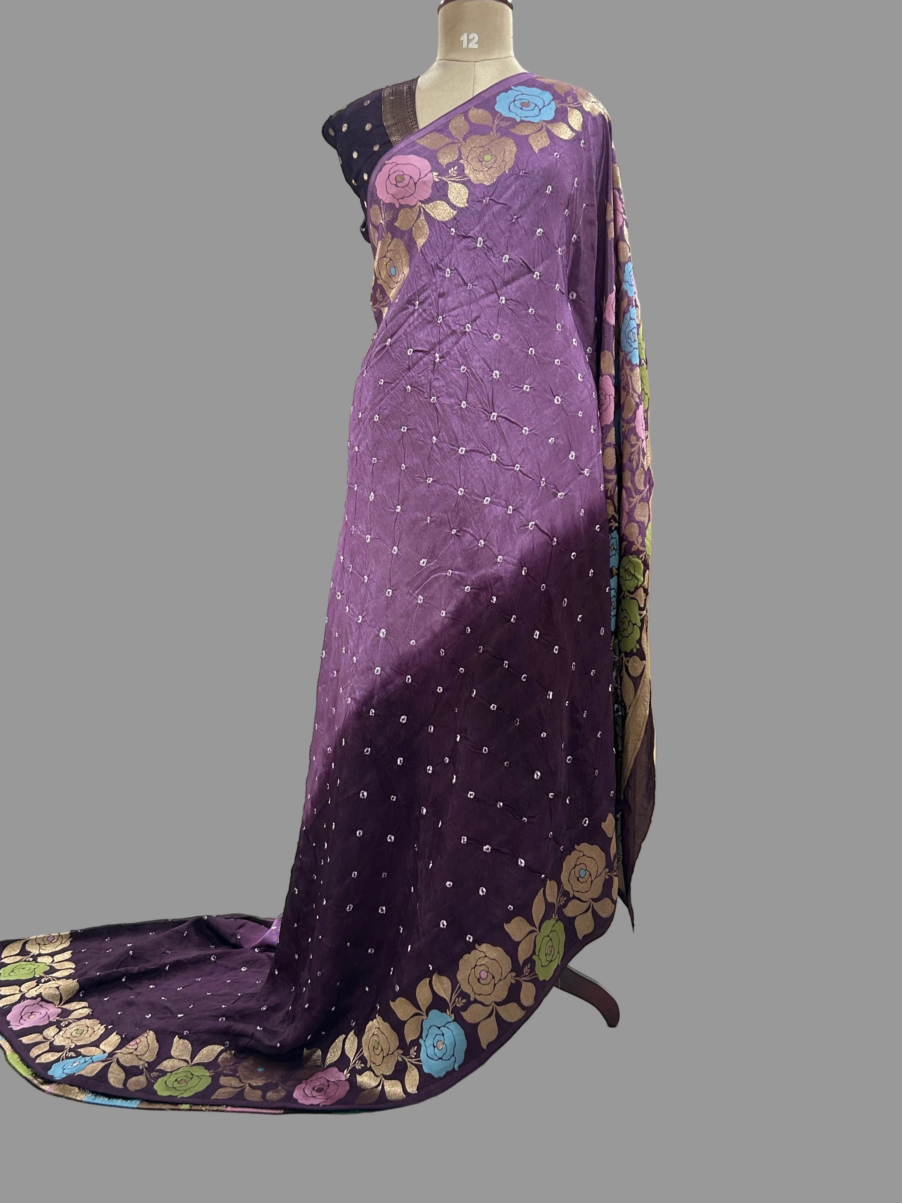 Lavender n purple half n half Bandhini dola crepe 104 saree
