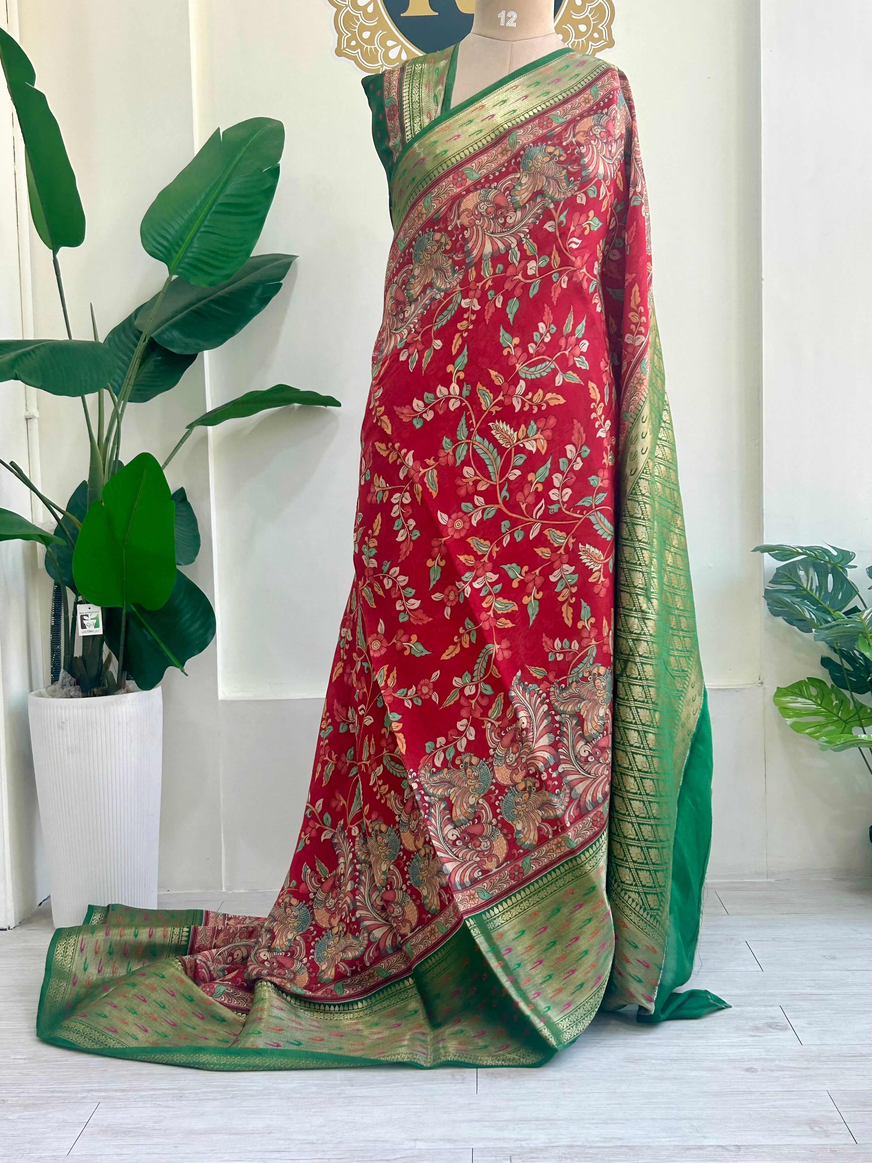 Red n green bb kalamkari Chanderi saree