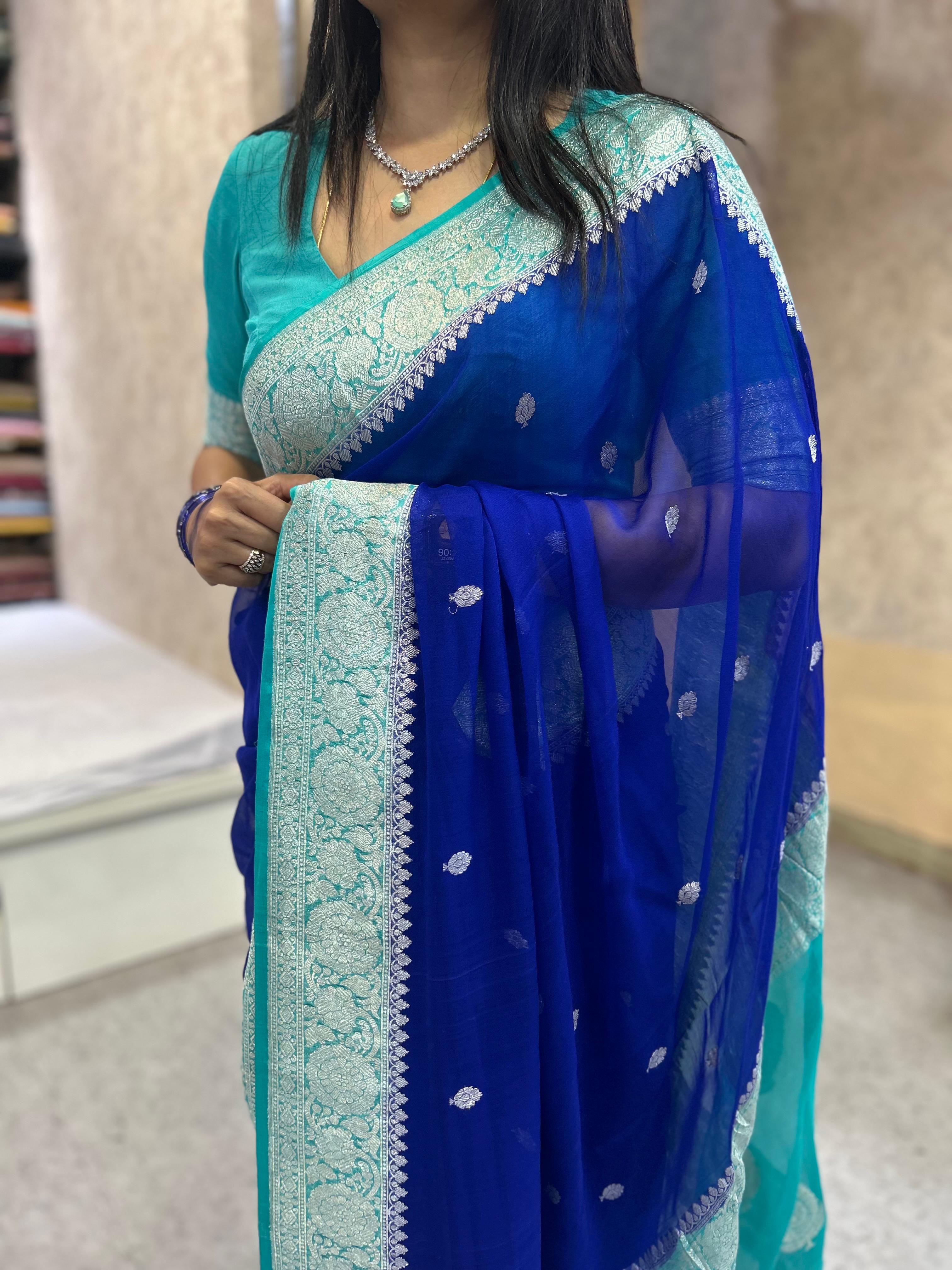 Blue with sky blue benarasi pure chiffon saree