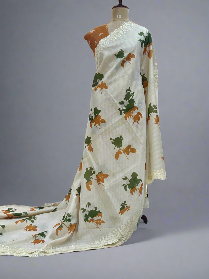 Cream floral digital print Kota checks 08 saree
