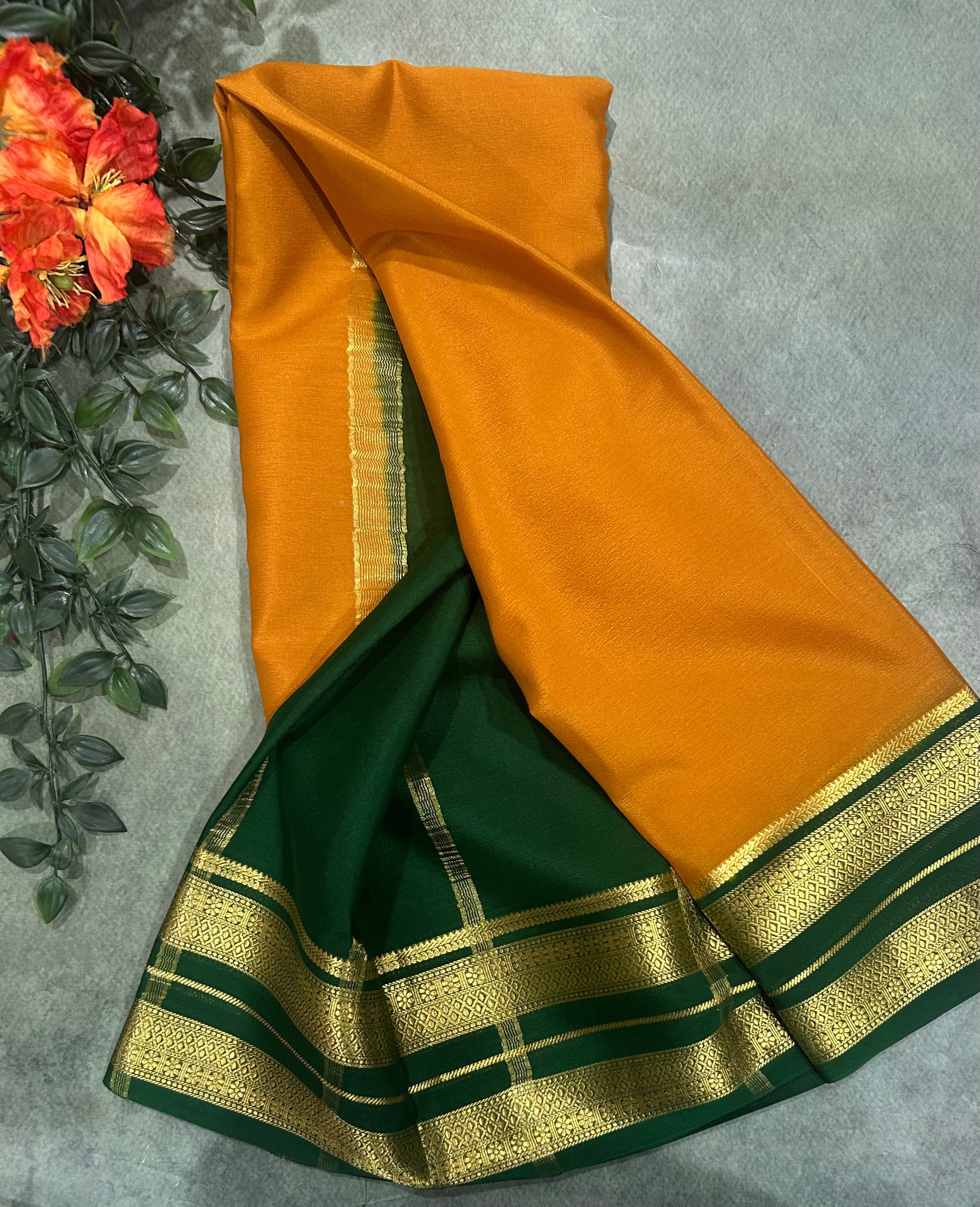 Mustard yellow n green pure Mysore crepe silk saree