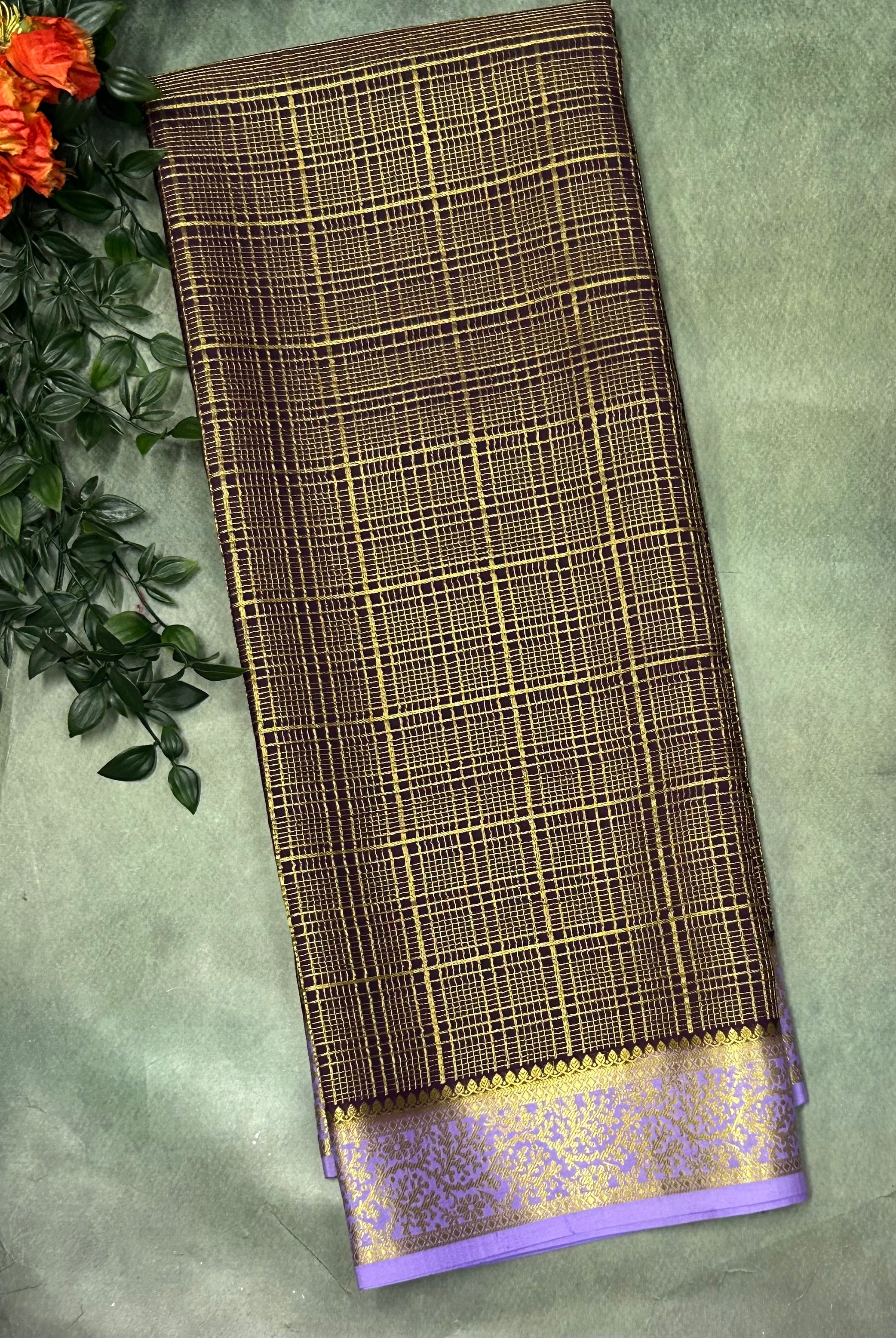 Brown n lilac checks brocade Pure Mysore silk crepe 103 Saree