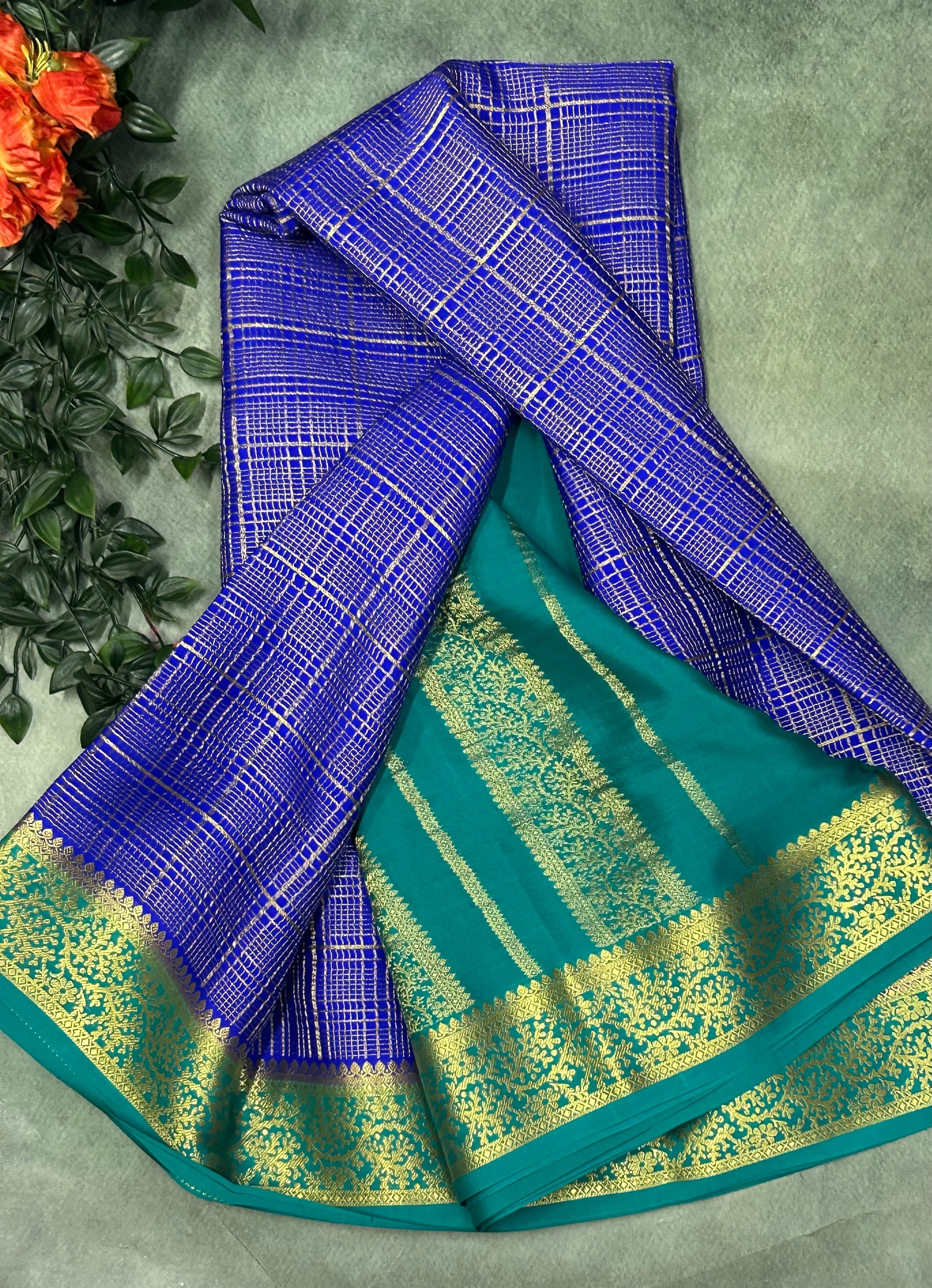 Royal blue n Rama green checks brocade Pure Mysore silk crepe 103 Saree