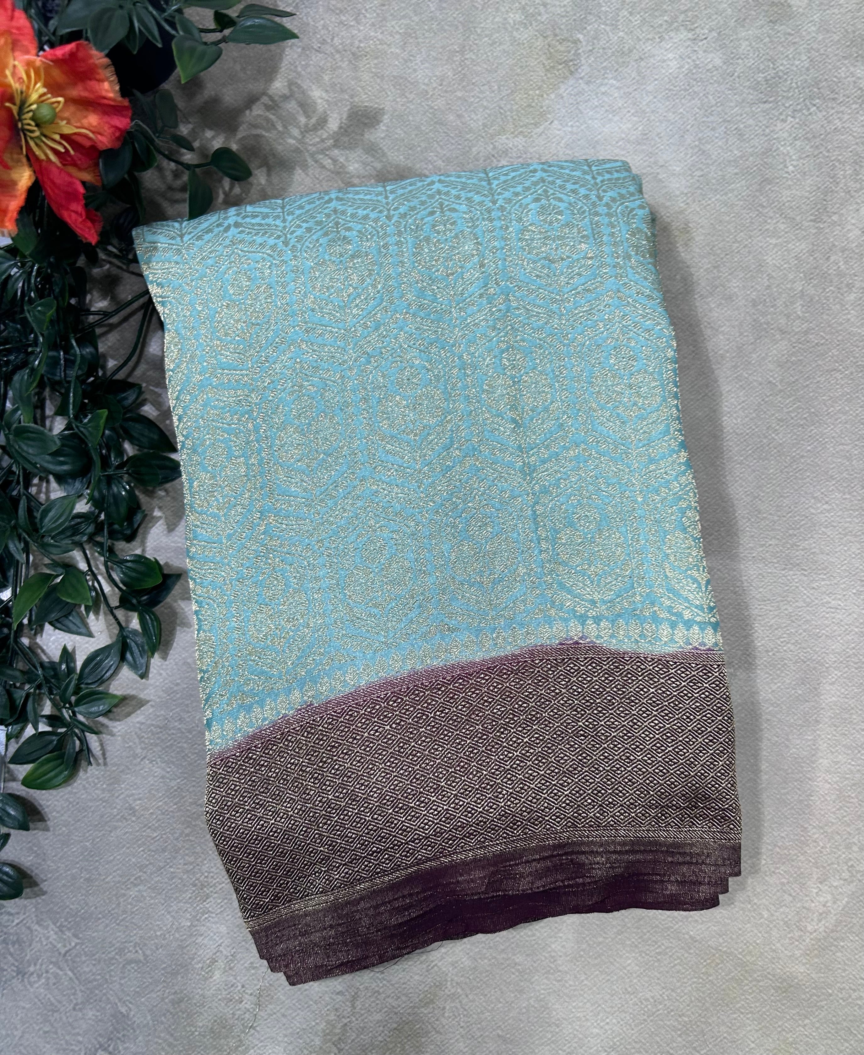 Sea blue brocade semi georgette 105 saree