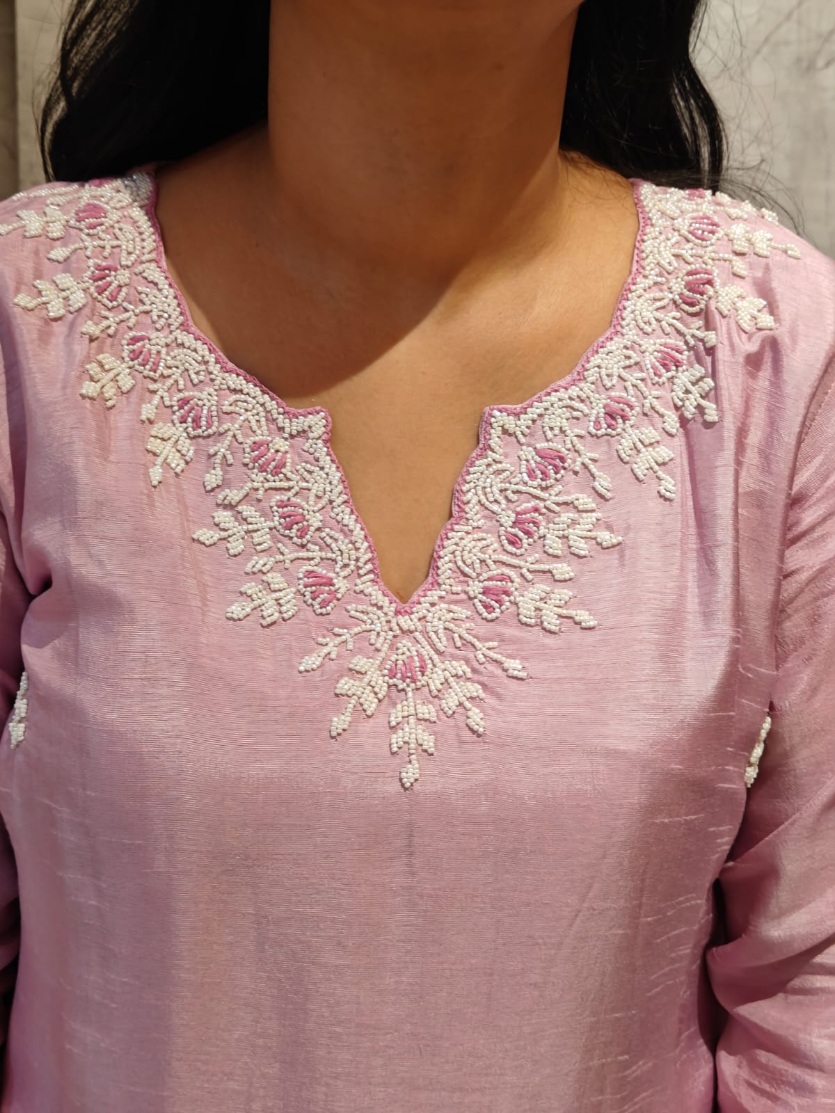 Baby Pink Pearl Handwork Dola silk Kurtha 811