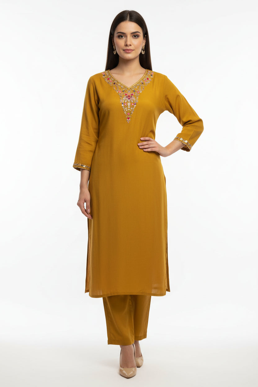 Yellow Crepe Thread Embroidery Cord Set Kurtha 483