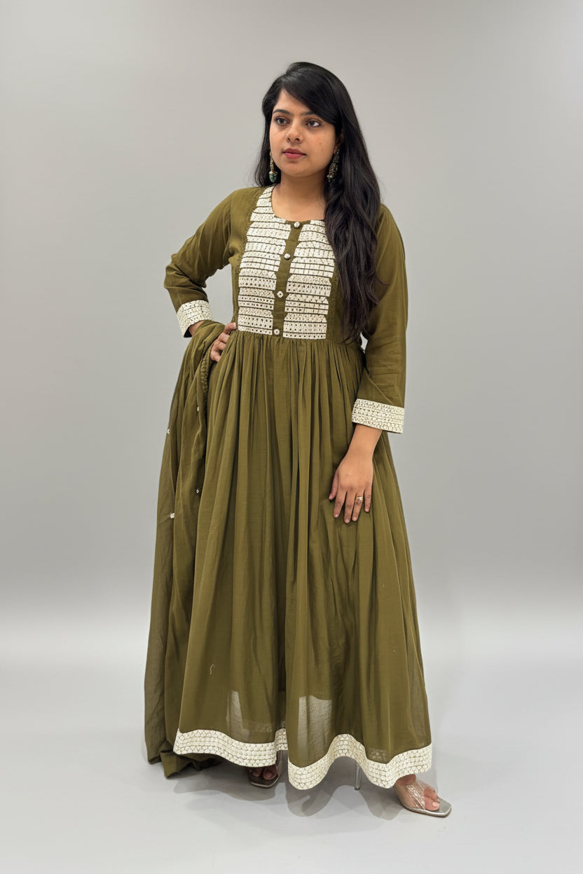 Mehendi Green Mul Cotton Anarkali Kurtha 329