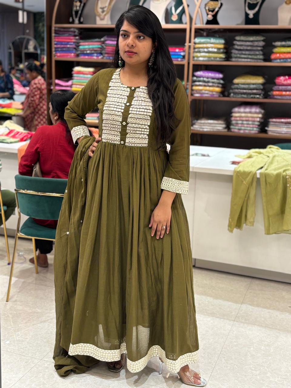 Mehendi Green Mul Cotton Anarkali Kurtha 329