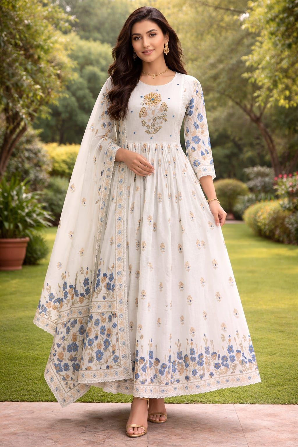 Cream Mul Cotton Block Print Anarkali Kurtha 837