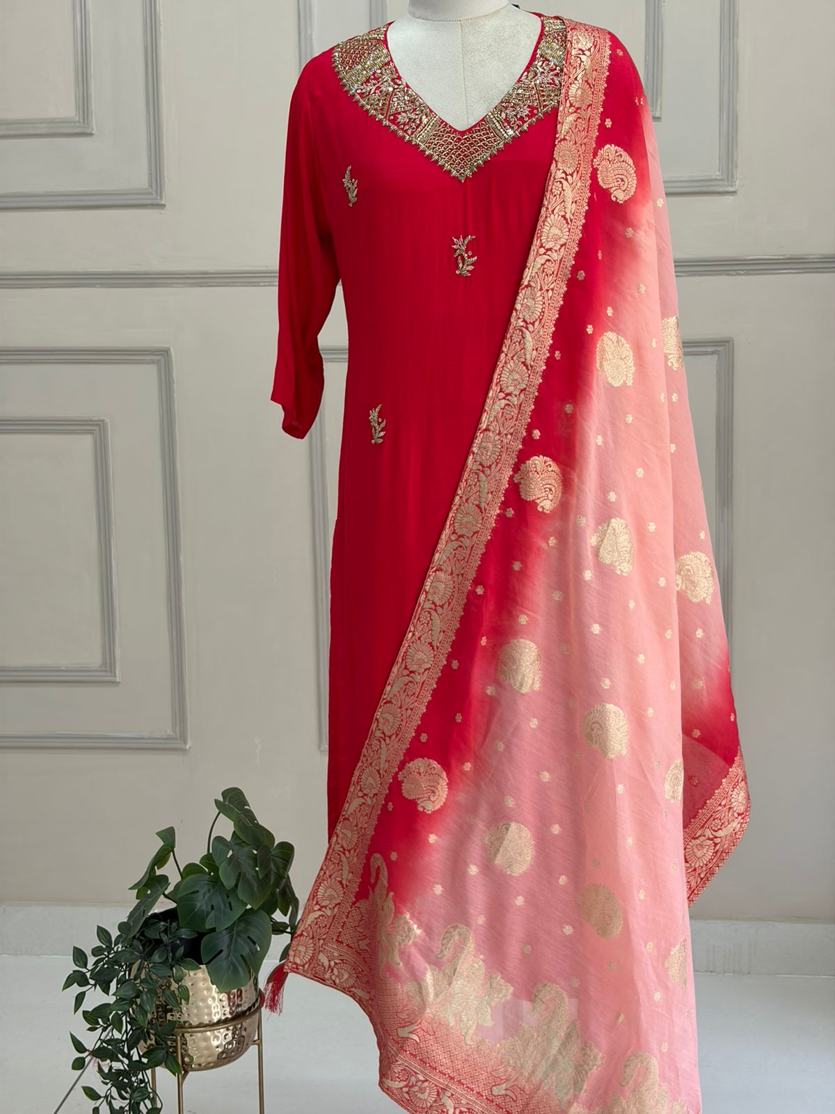 Red Mul Chanderi Hand Embroidery  A Line  Kurtha 686