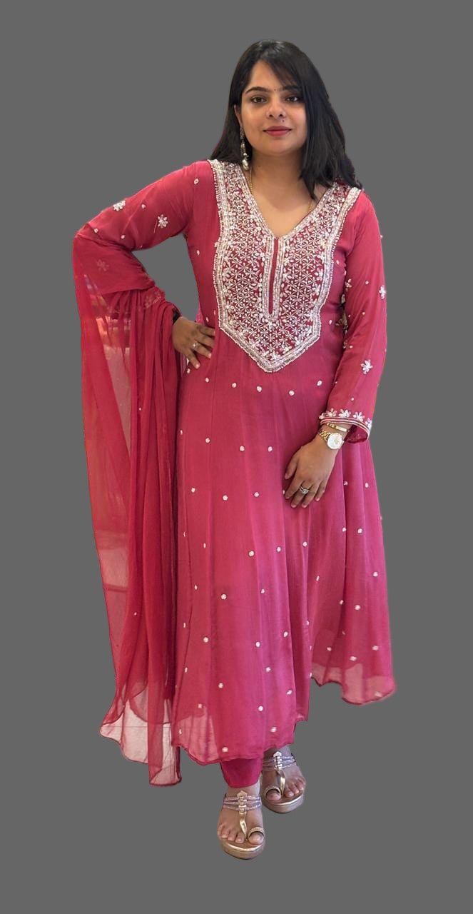 Pink Anarkali Chinnon Hand Embroidery Kurtha 567