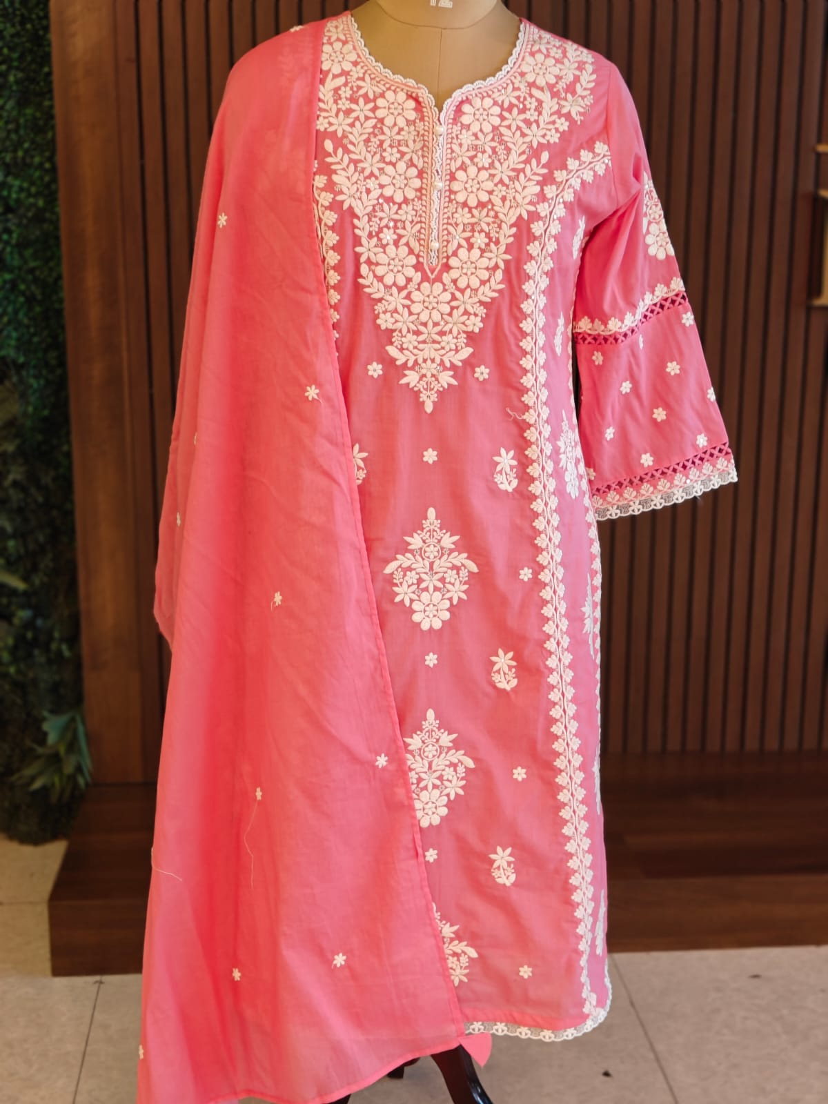 Pink Mul Cotton  Chikankari Work Straight Fit Kurtha 196