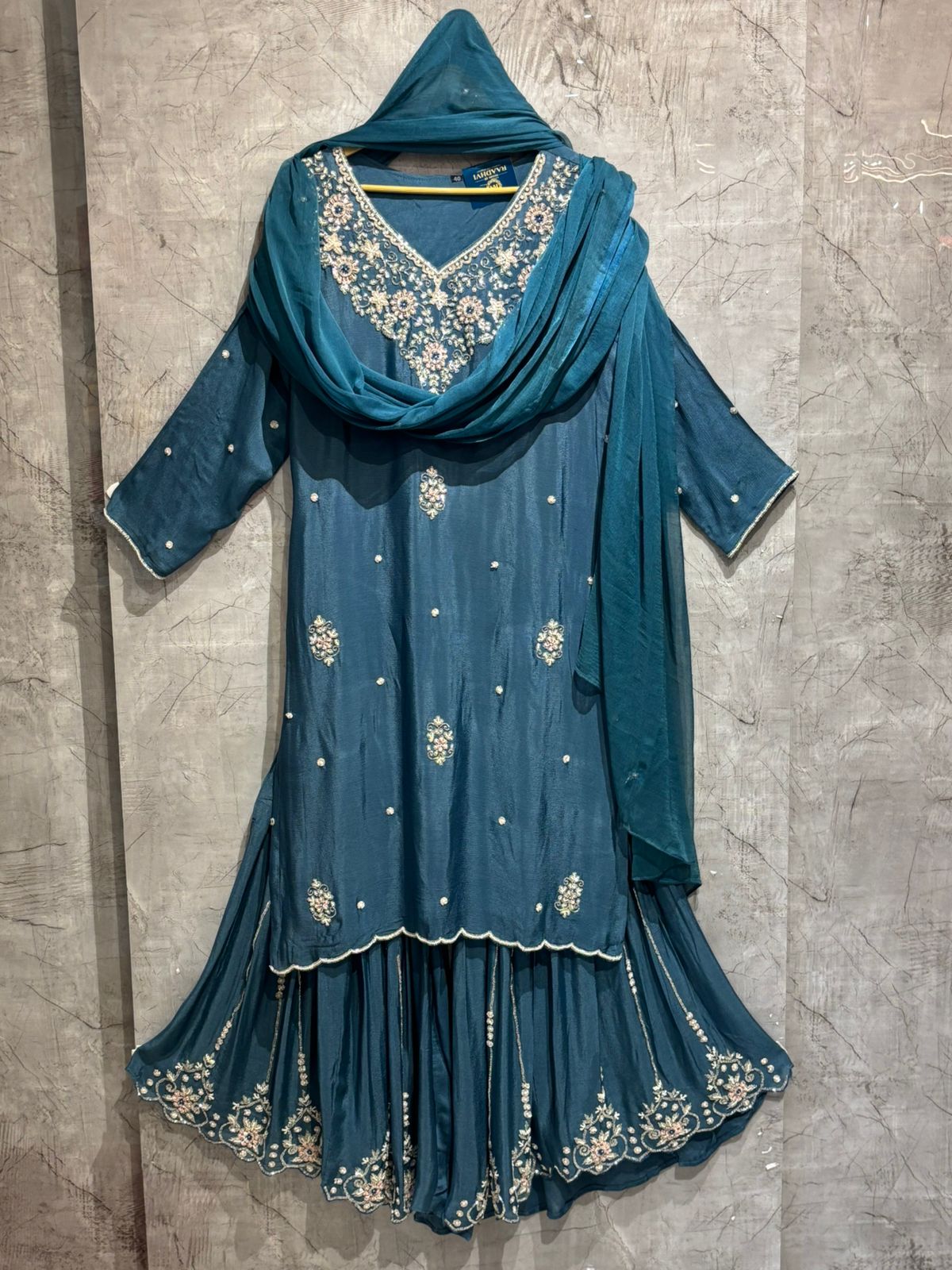 "PARI" Navy Blue Designer Kurtha Set with Handwork and Palzoo Pant