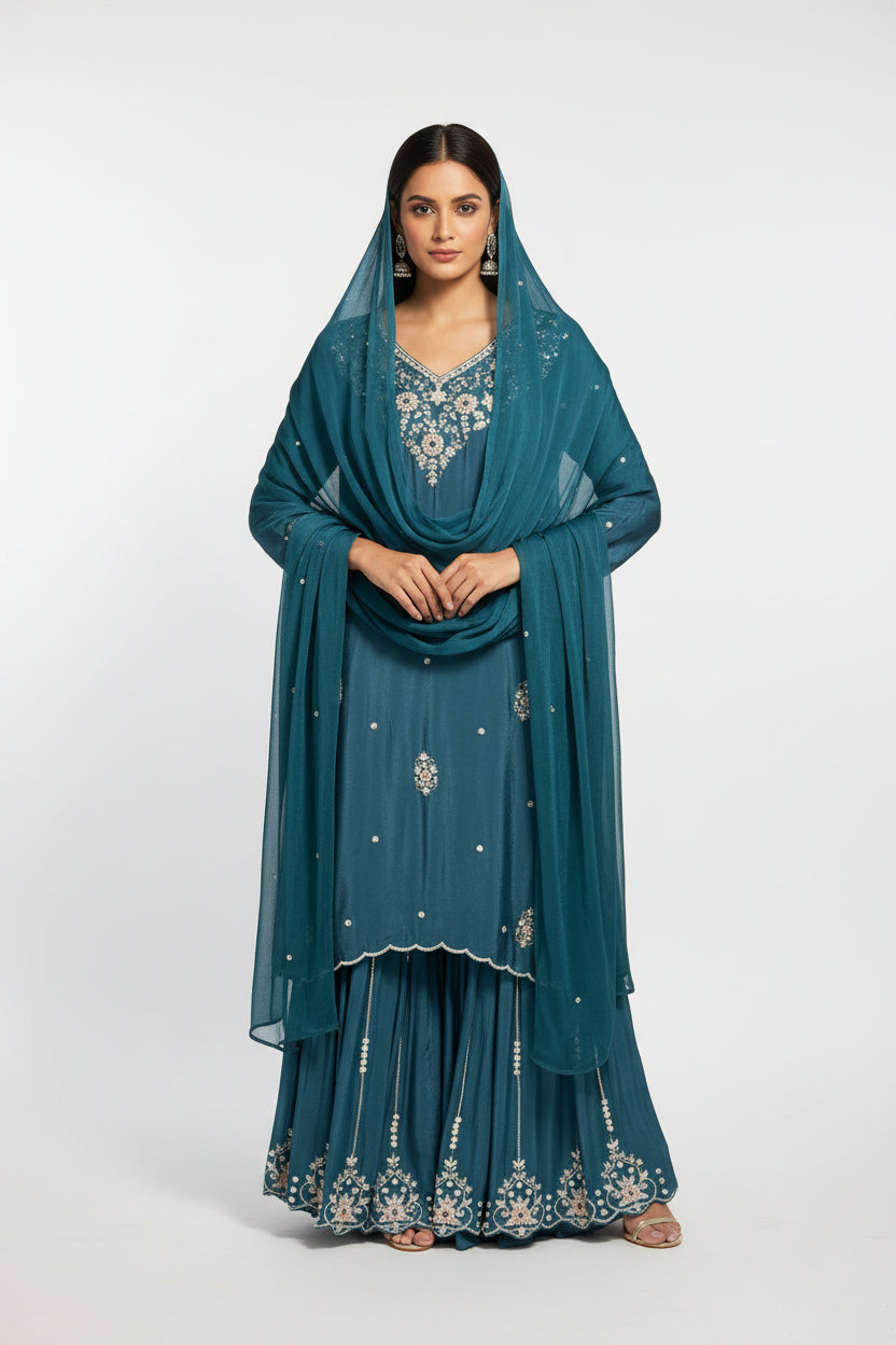 "PARI" Navy Blue Designer Kurtha Set with Handwork and Palzoo Pant