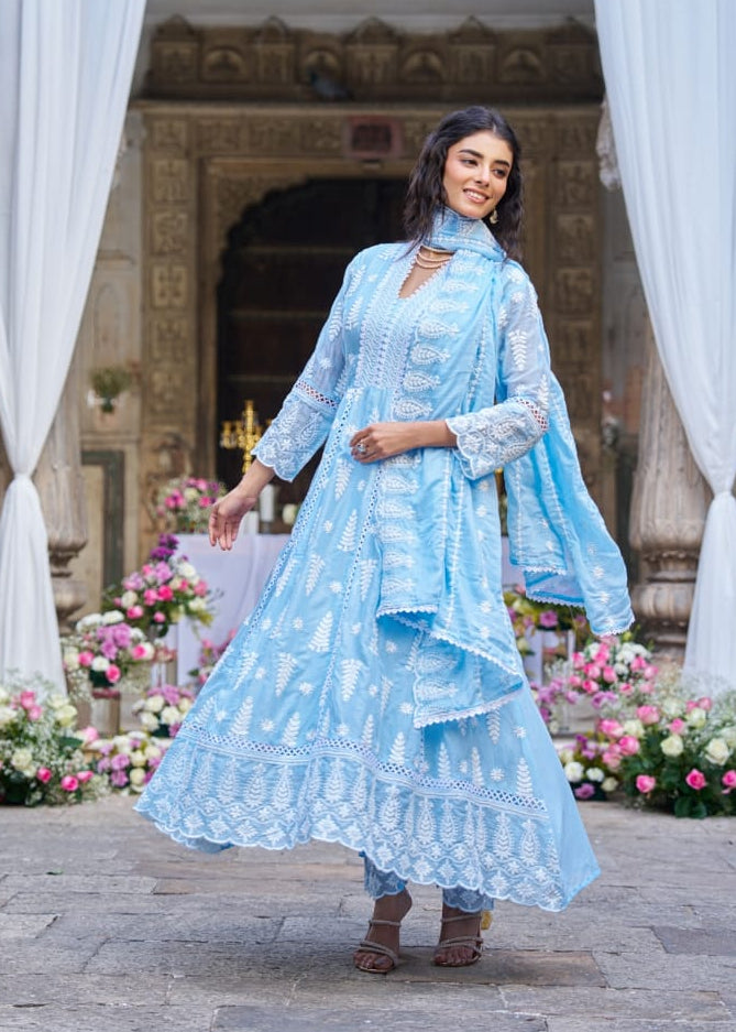 Sky Blue Cotton Hakkoba Work Anarkali Kurtha 459