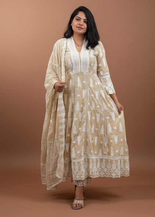Beige Cotton Hacoba Work Anarkali Kurtha 459