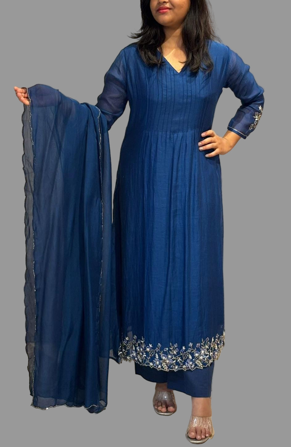 Blue Mul Chanderi Hand Embroidery Anarkali Kurtha 131