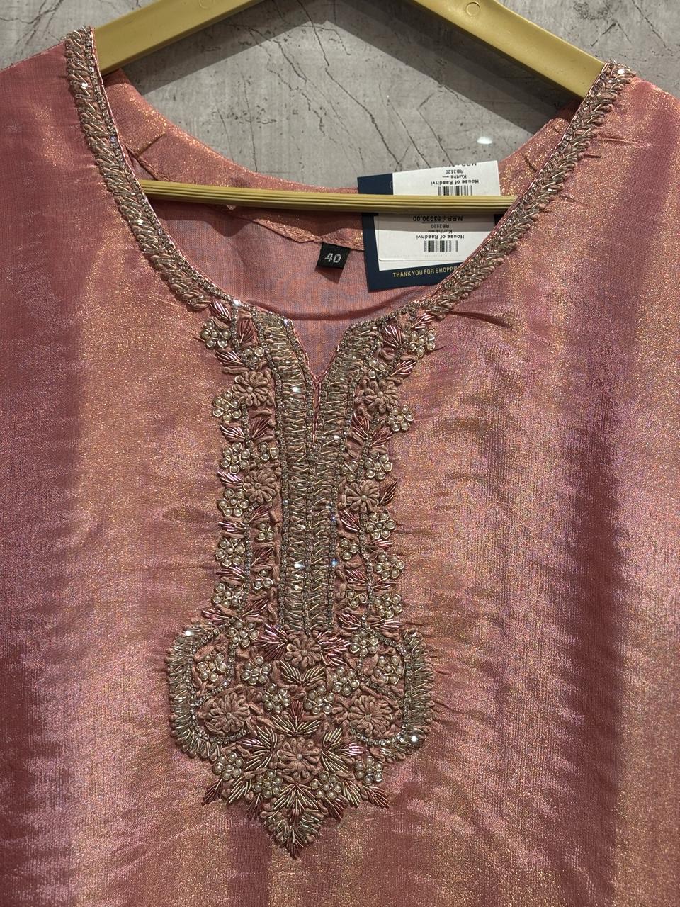 “Chandini" Baby Pink tissue Shimmer silk Kurtha suit with work hand embroider