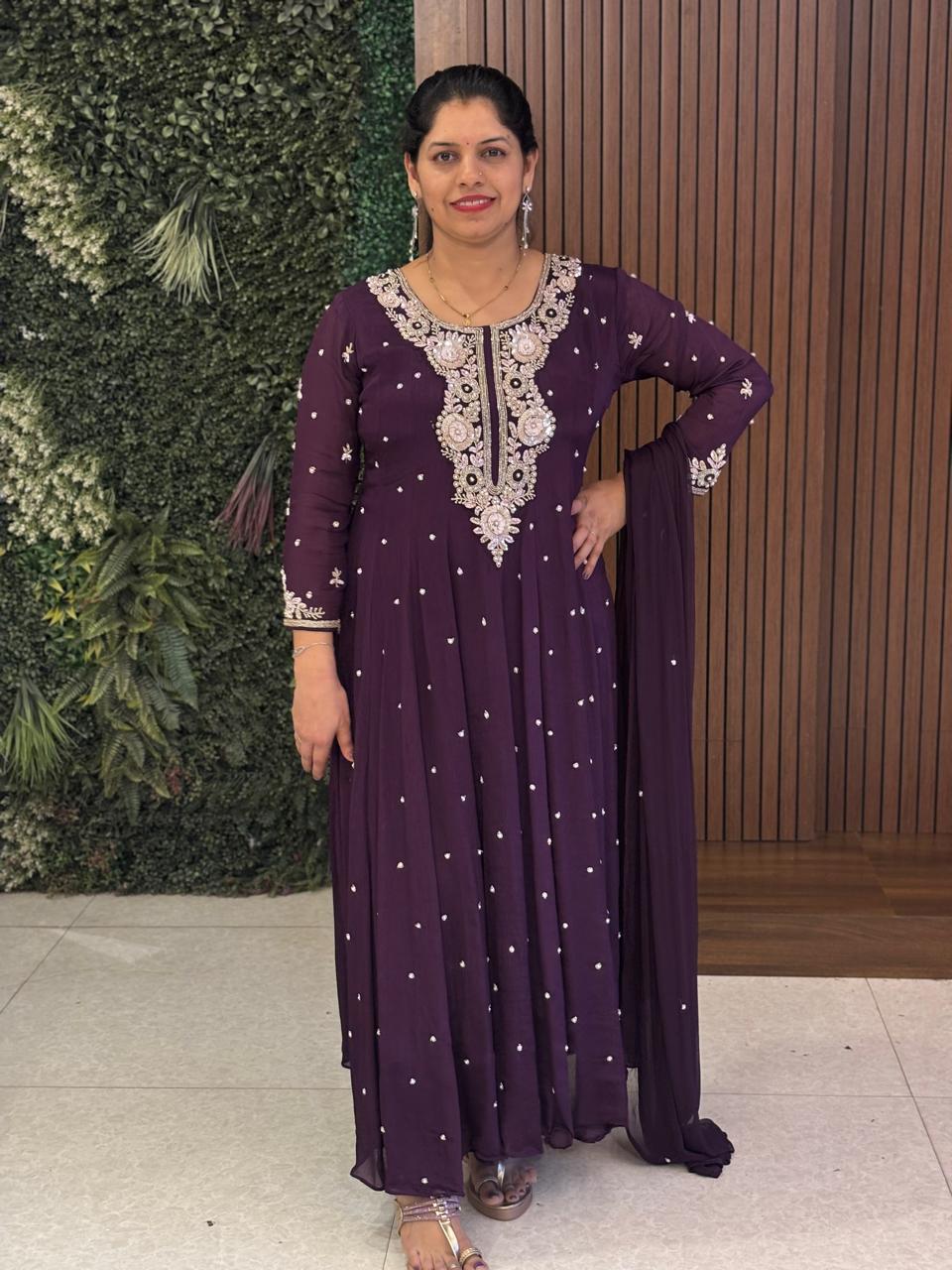 Purple Anarkali Chinnon Hand Embroidery Kurtha 567