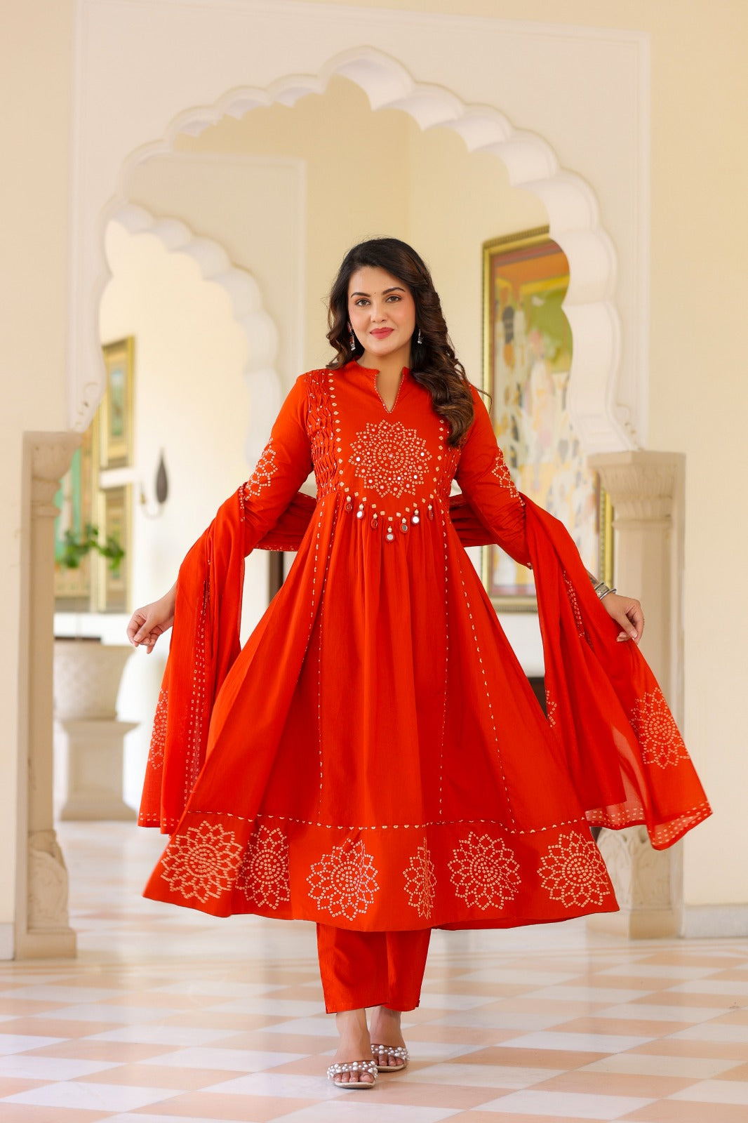 Orange Cotton Kalamkari Print Anarkali Kurtha 389