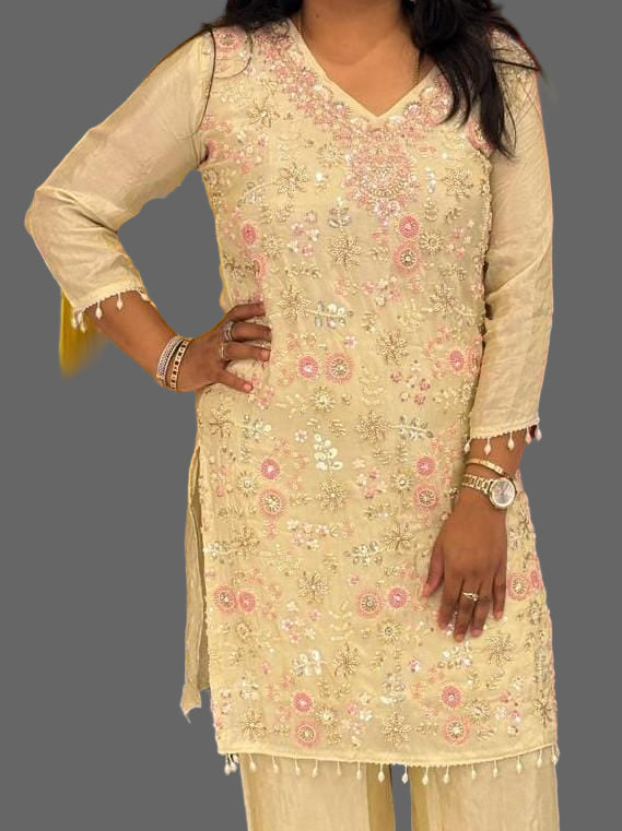 Cream Shimmer Hand Embroidery Cord Set kurtha 547