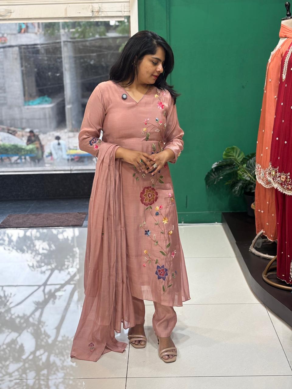 Onion pink Mul Chanderi Thread Embroidery A Line Kurtha 63