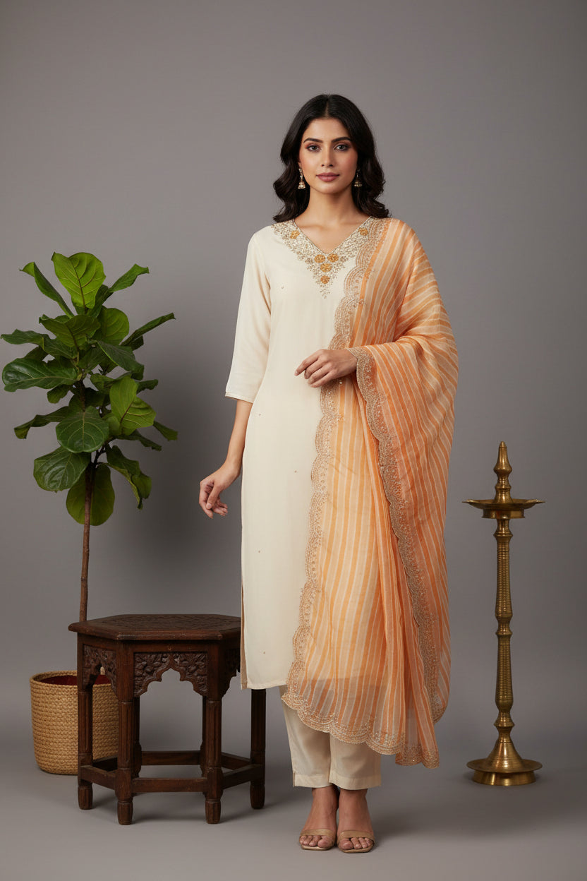 Cream shimmer Hand Embroidery Straight Fit Kurtha 151