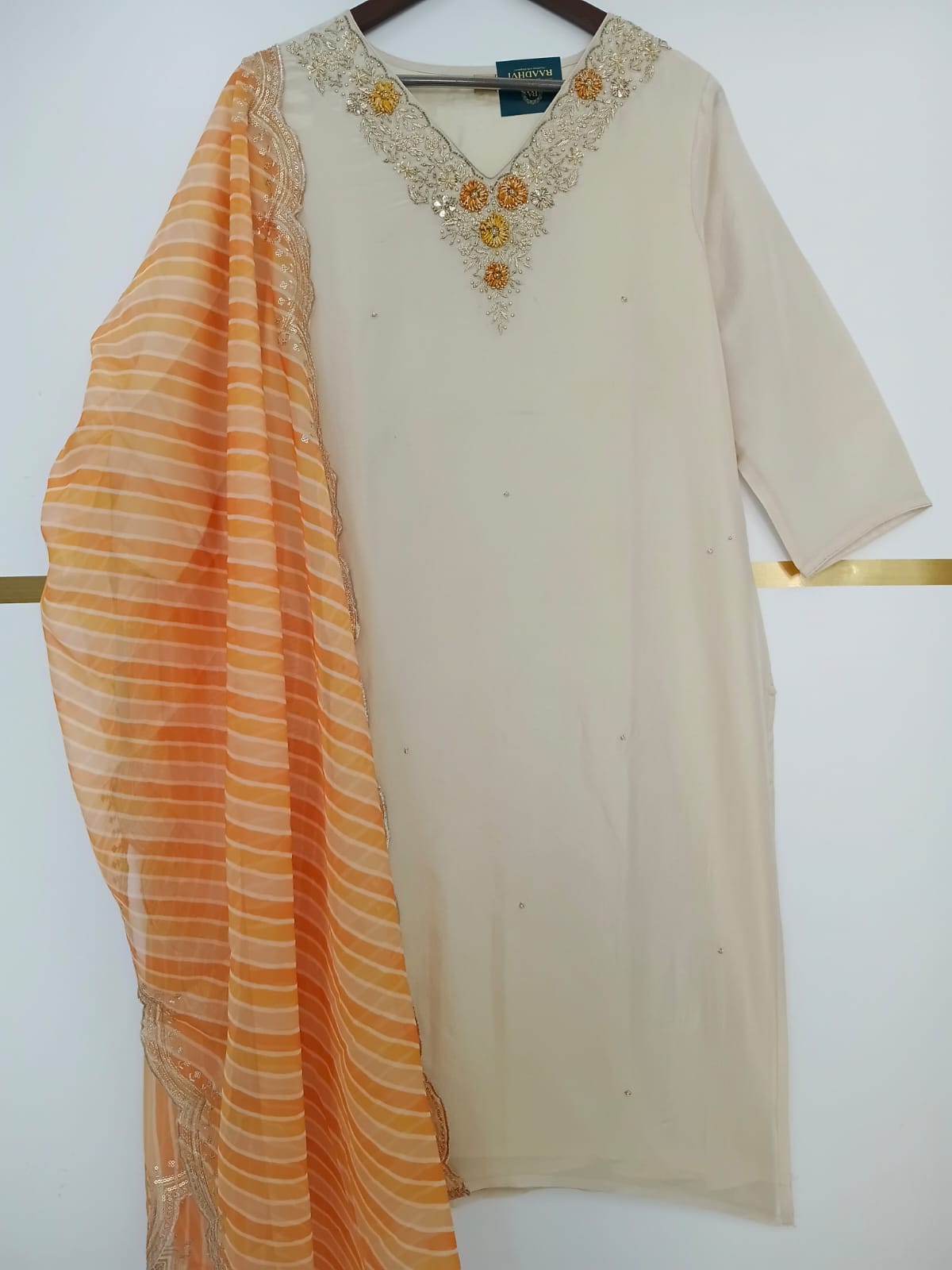 Cream shimmer Hand Embroidery Straight Fit Kurtha 151