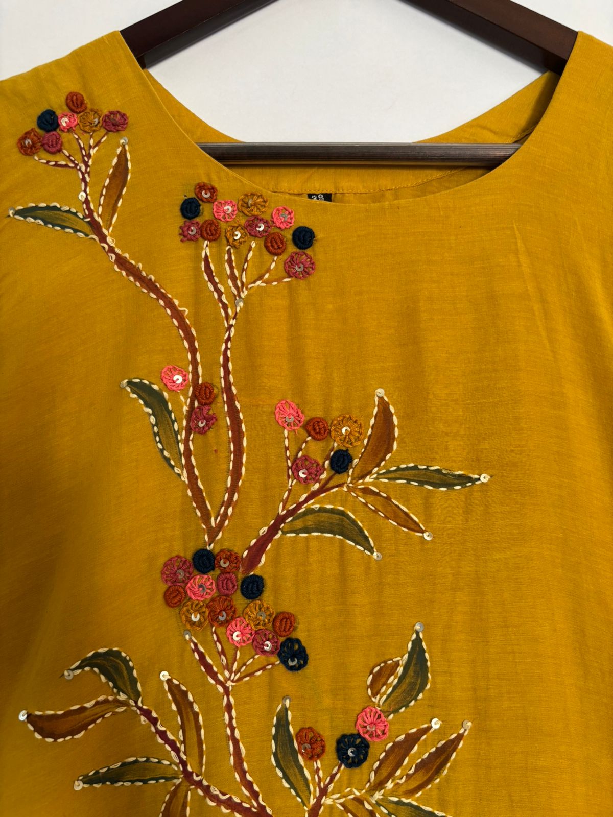 Yellow Mul Chanderi Thread Embroidery Airline Kurtha 483