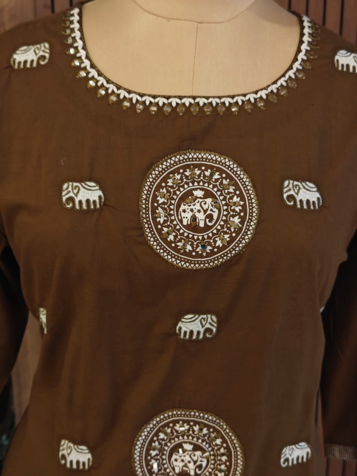 Brown Cotton Block Print Airline plus size Kurtha