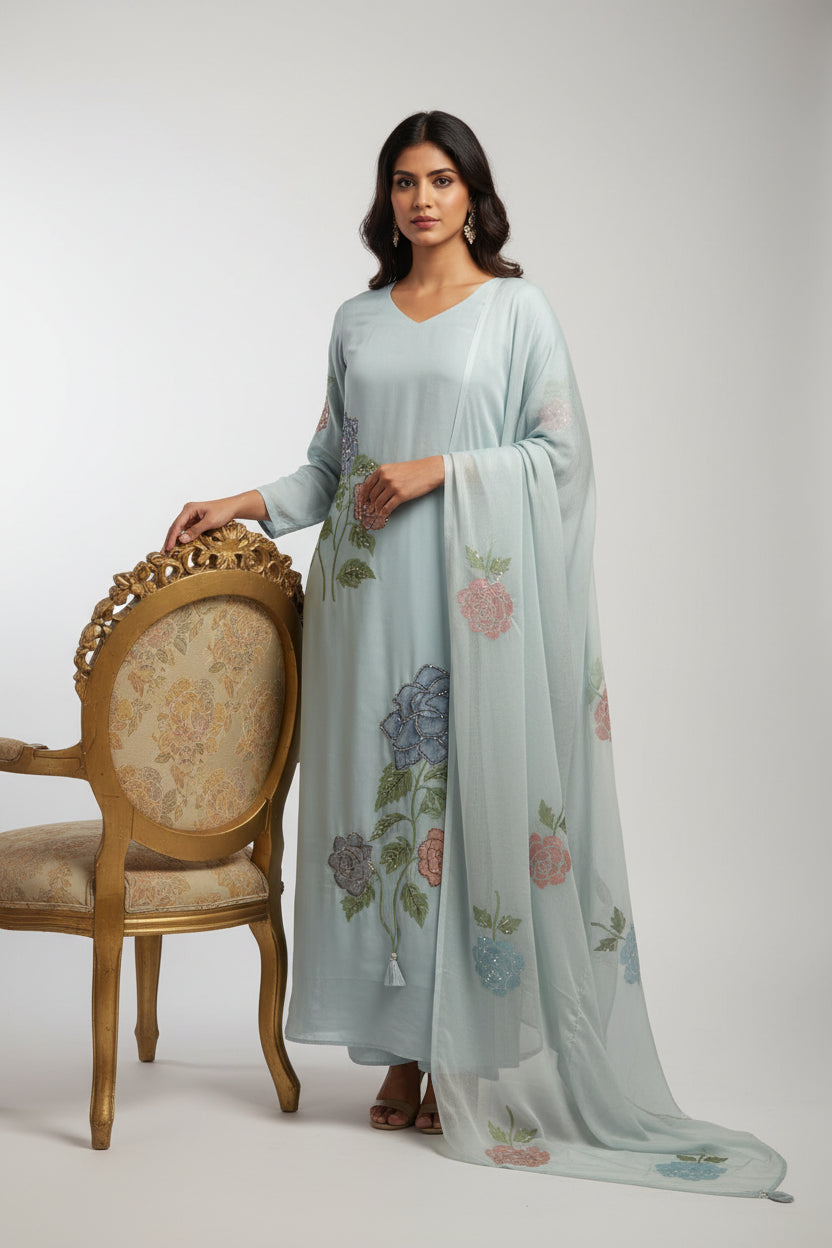 Sky Blue Crepe Airline Hand Embroidery Kurtha 765