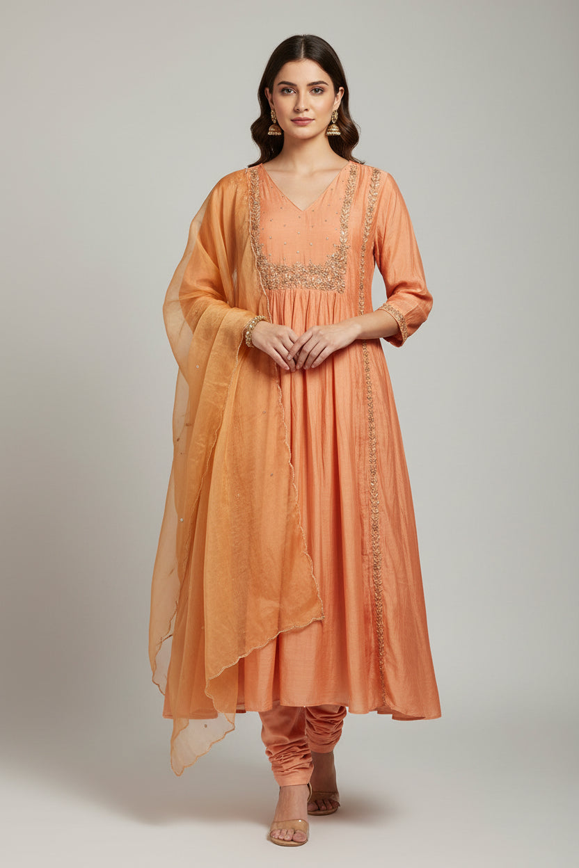 “Pani"Peach Mul Chanderi silk Kurtha suit with work hand embroidery 898